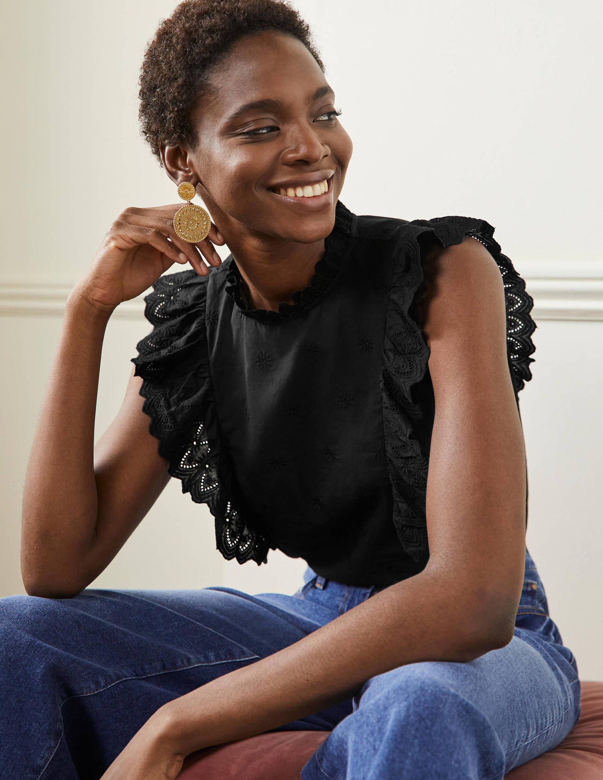 Nina Sleeveless Broderie Top-Black-1