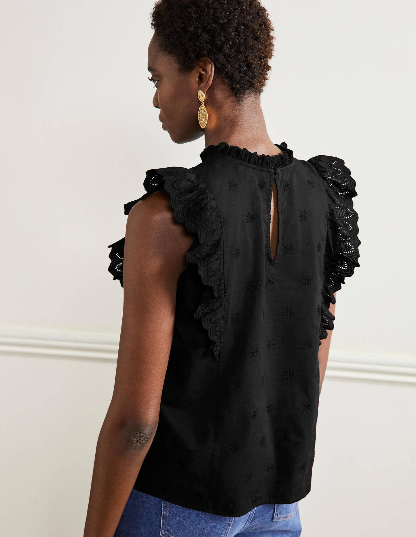 Nina Sleeveless Broderie Top-Black