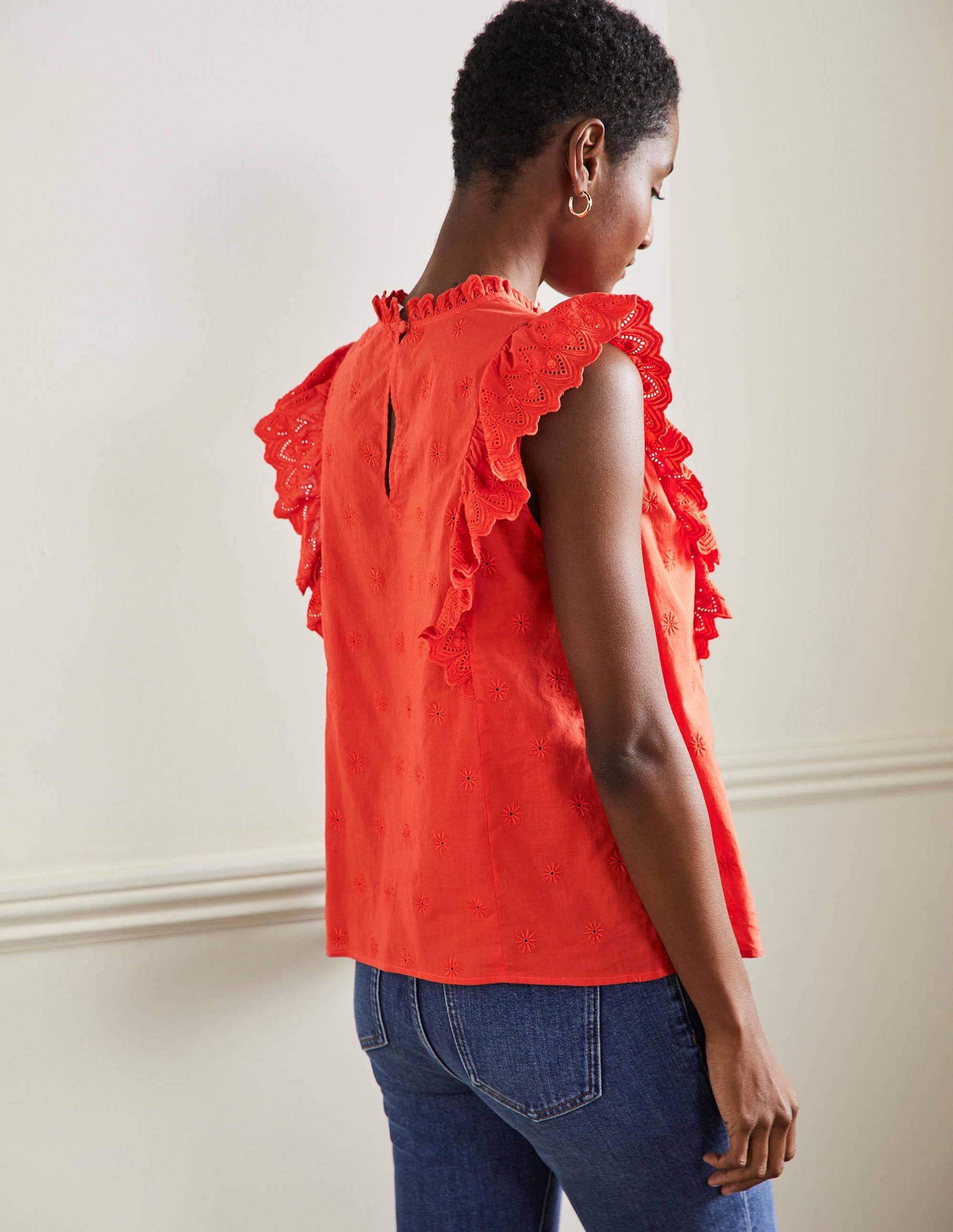 Nina Sleeveless Broderie Top-Bright Papaya - Image 3