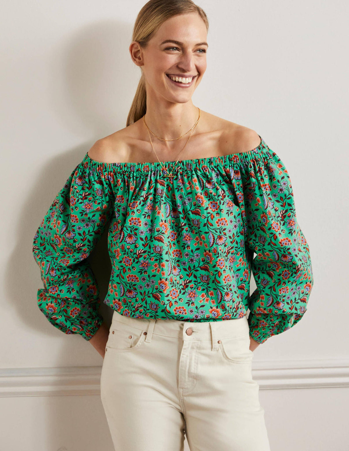 Melanie Off-Shoulder Top-Green Lagoon, Oriental Meadow - Image 1