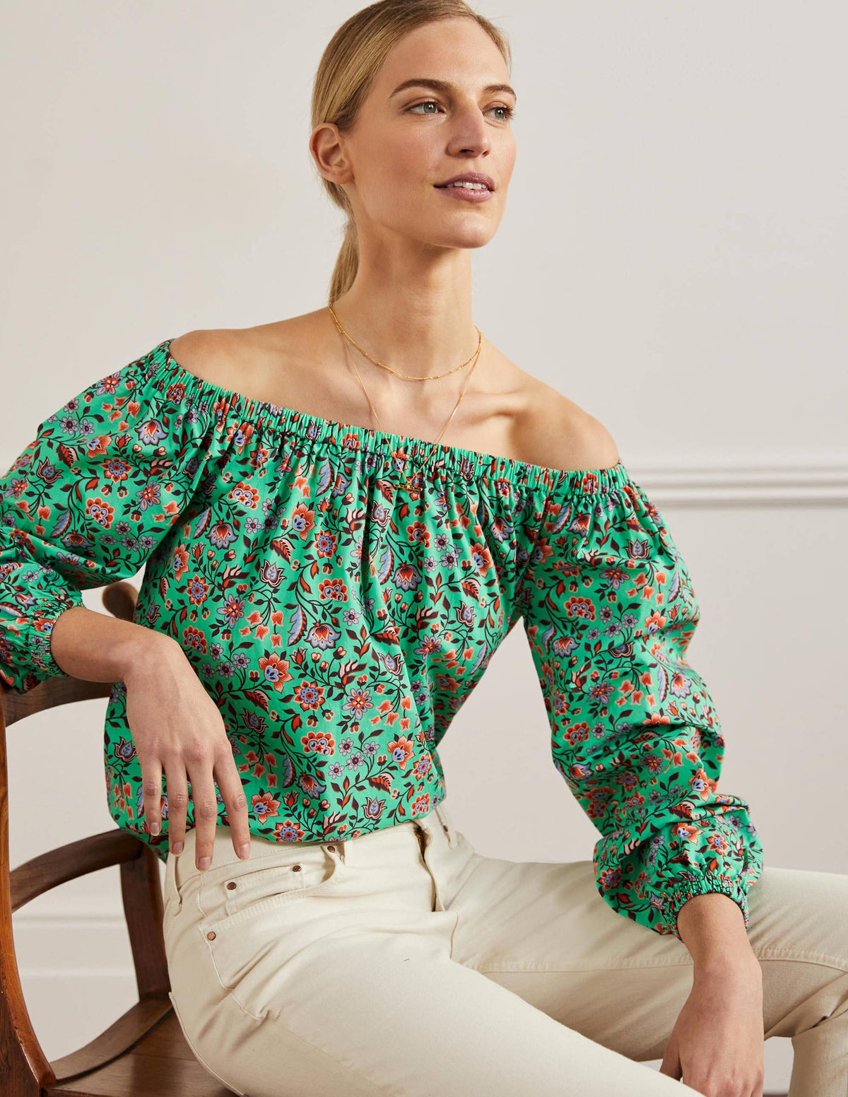 Melanie Off-Shoulder Top-Green Lagoon, Oriental Meadow - Image 4