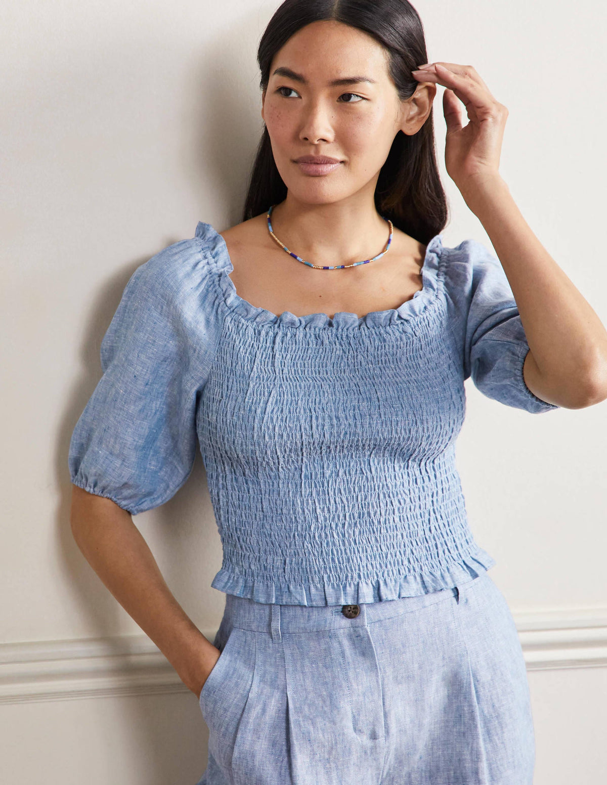 Carrie Smocked Linen Top-Chambray - Image 1