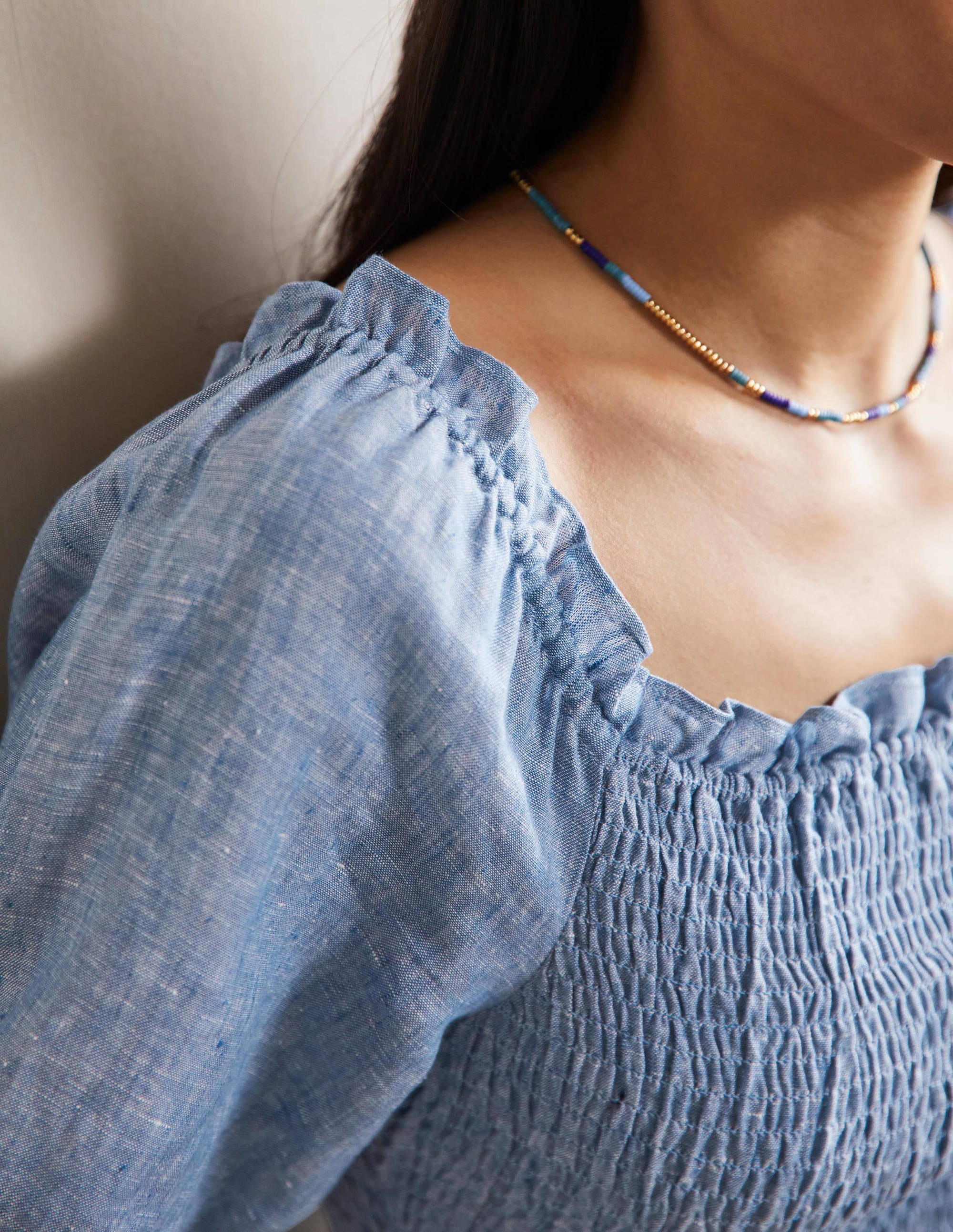 Carrie Smocked Linen Top-Chambray - Image 2