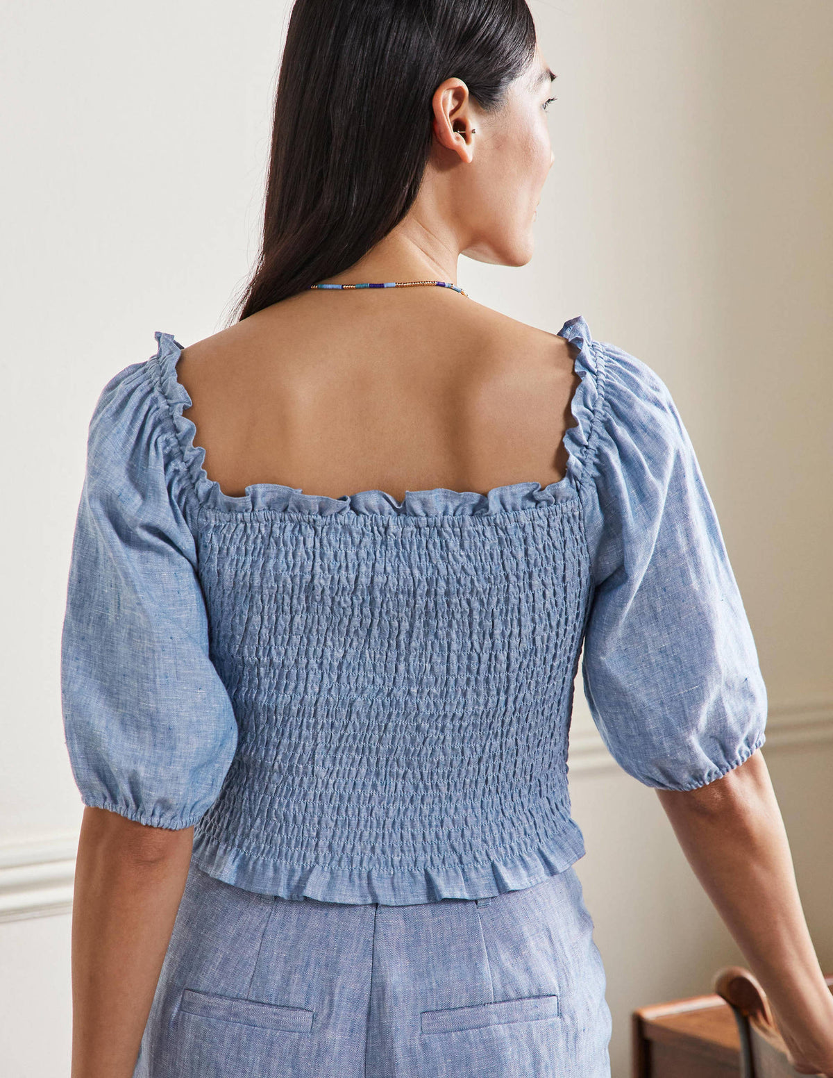 Carrie Smocked Linen Top-Chambray - Image 3