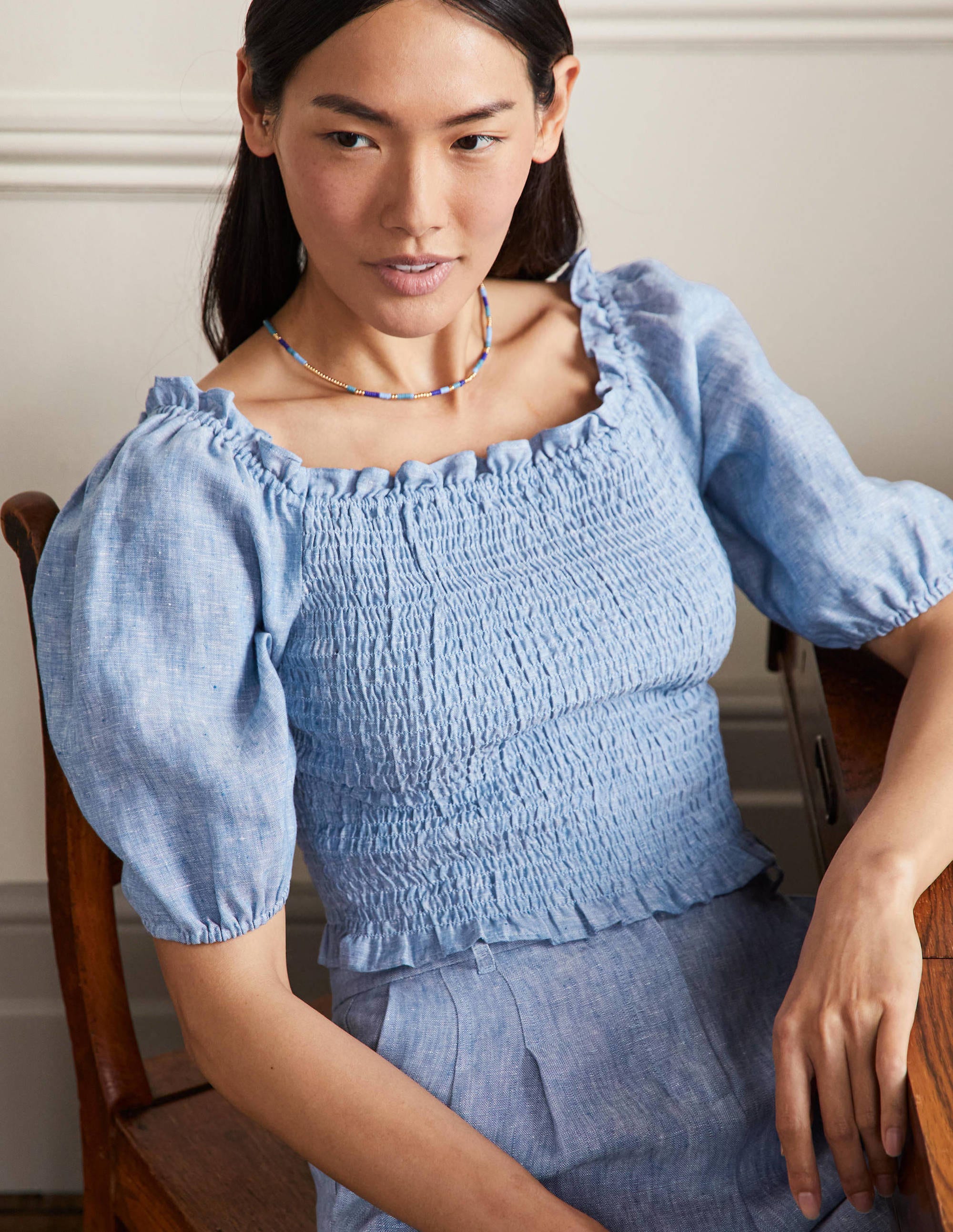 Carrie Smocked Linen Top-Chambray - Image 4