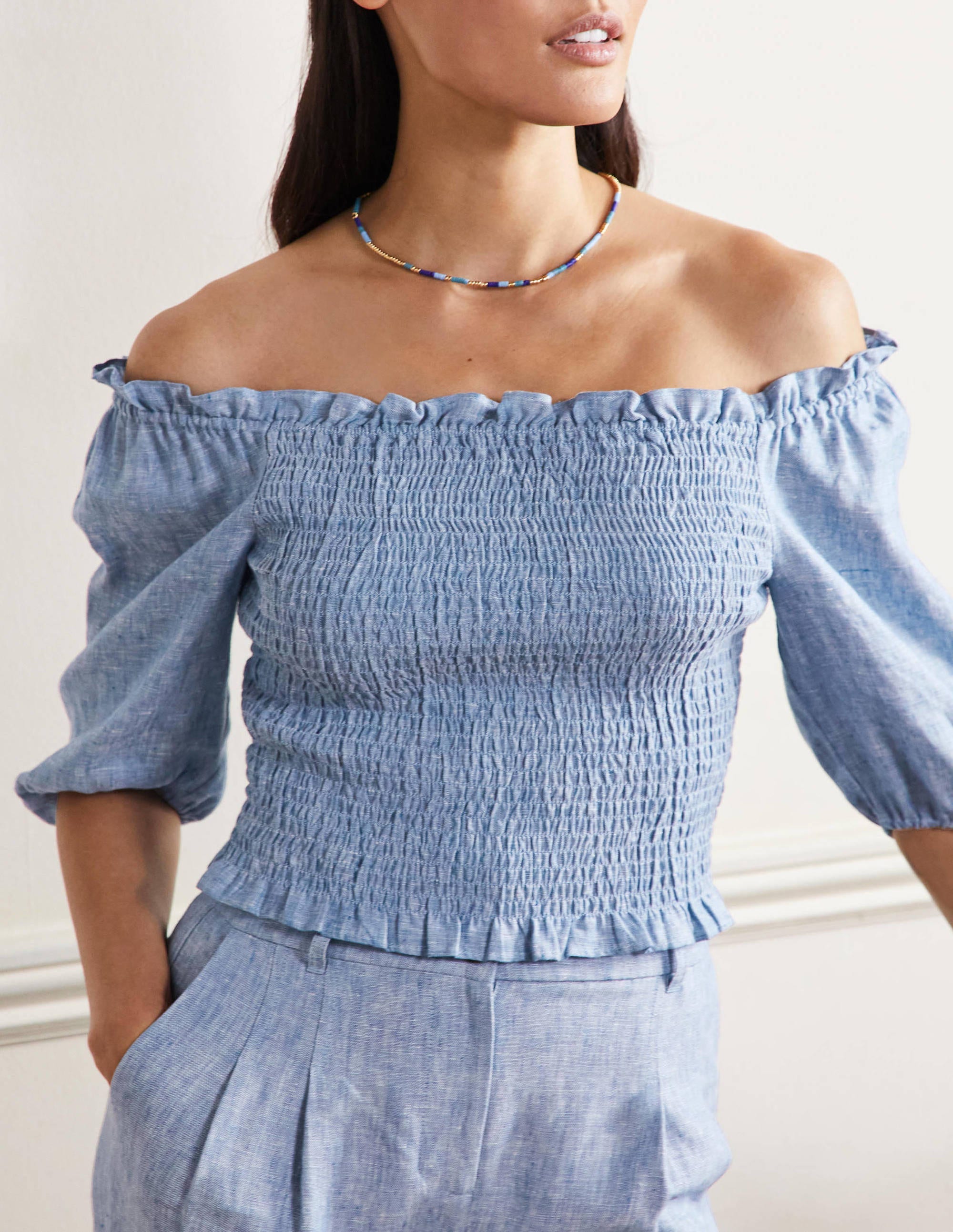 Carrie Smocked Linen Top-Chambray - Image 5