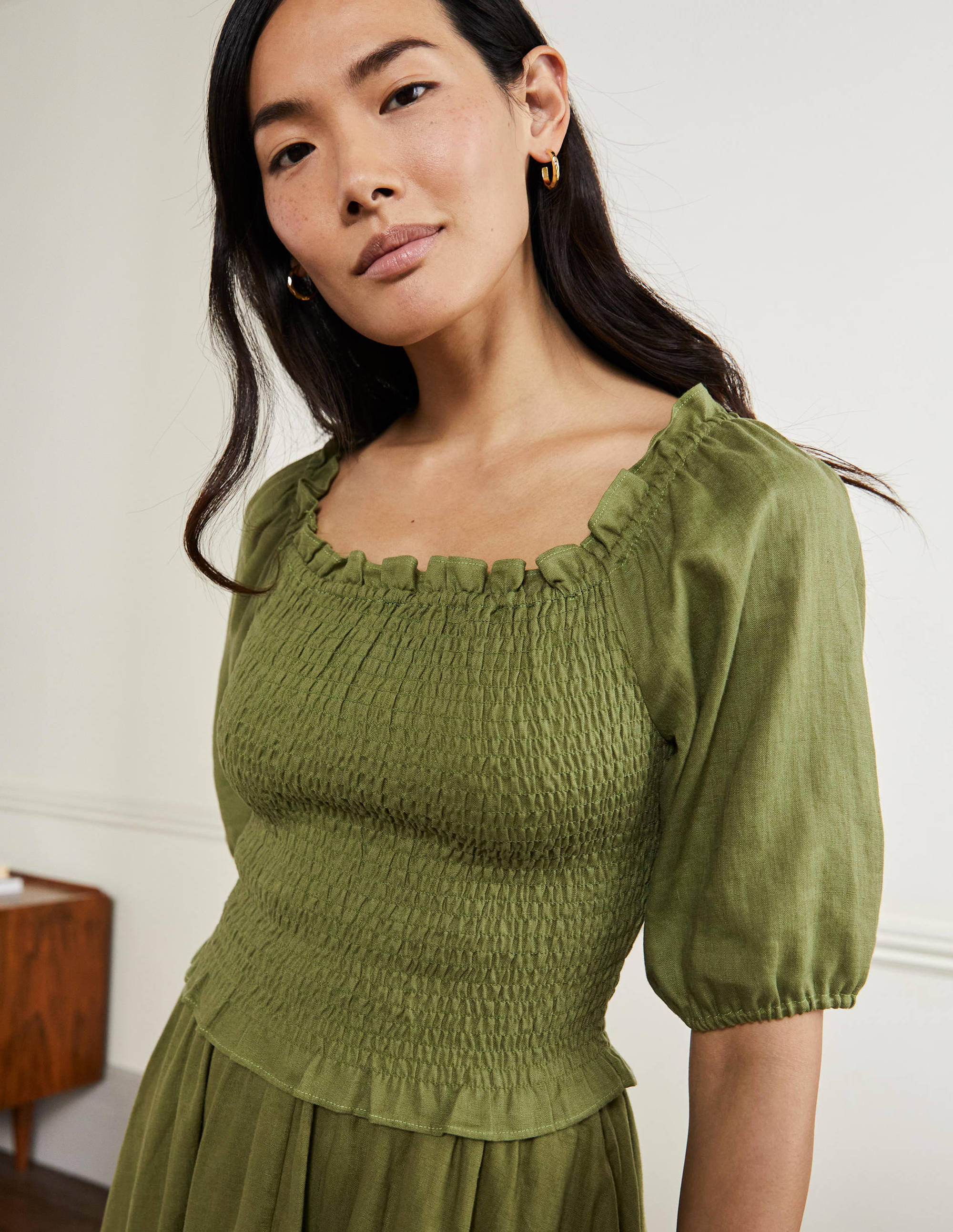 Carrie Smocked Linen Top-Pea Green - Image 1