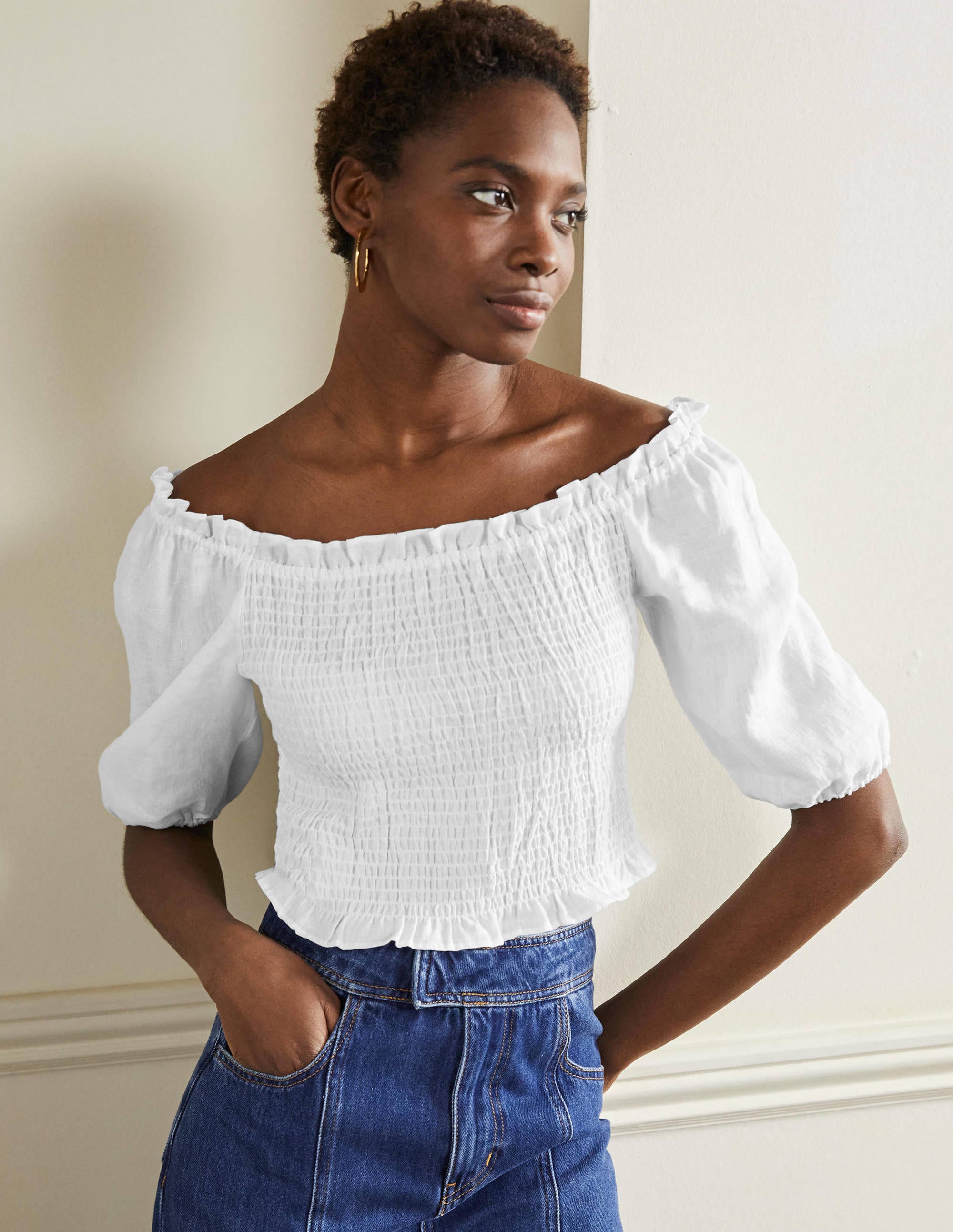Carrie Smocked Linen Top-White - Image 1