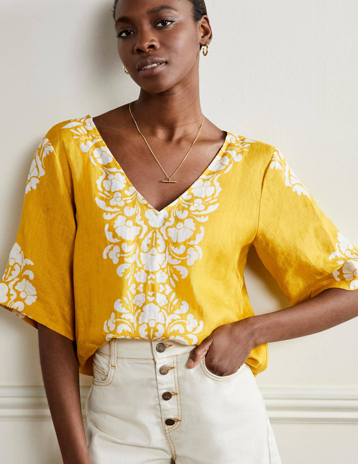 Linen Wide Sleeve Top-Butter Yellow, Passion Bloom-1