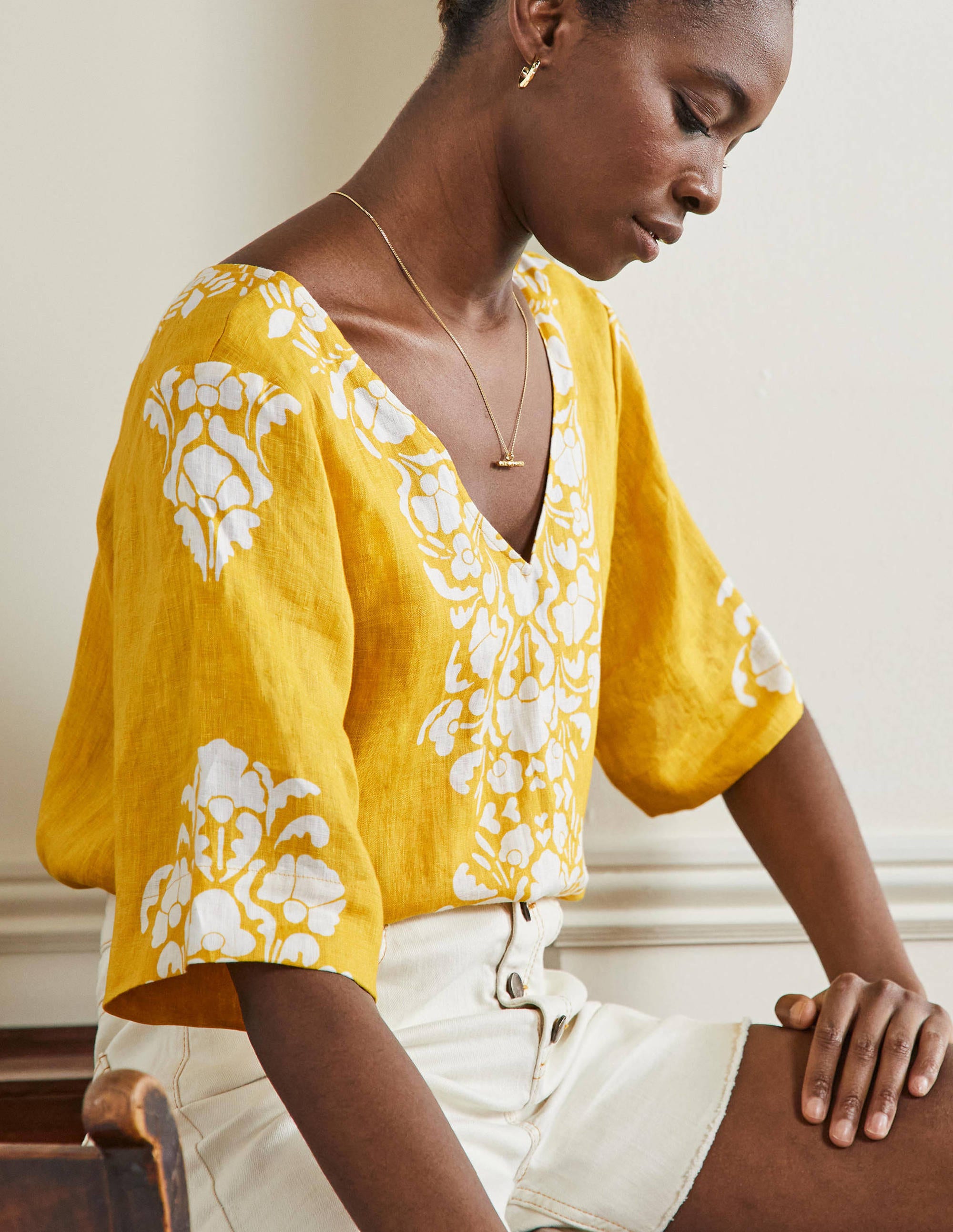 Linen Wide Sleeve Top-Butter Yellow, Passion Bloom - Image 4