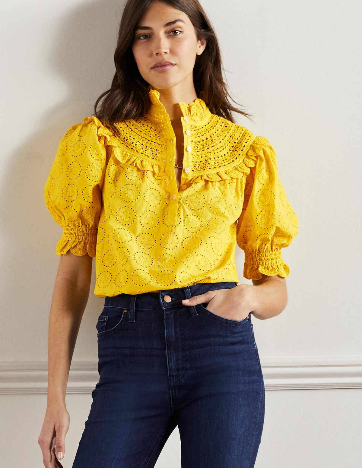Faye Short Sleeve Broderie Top-Lemon Fizz - Image 1