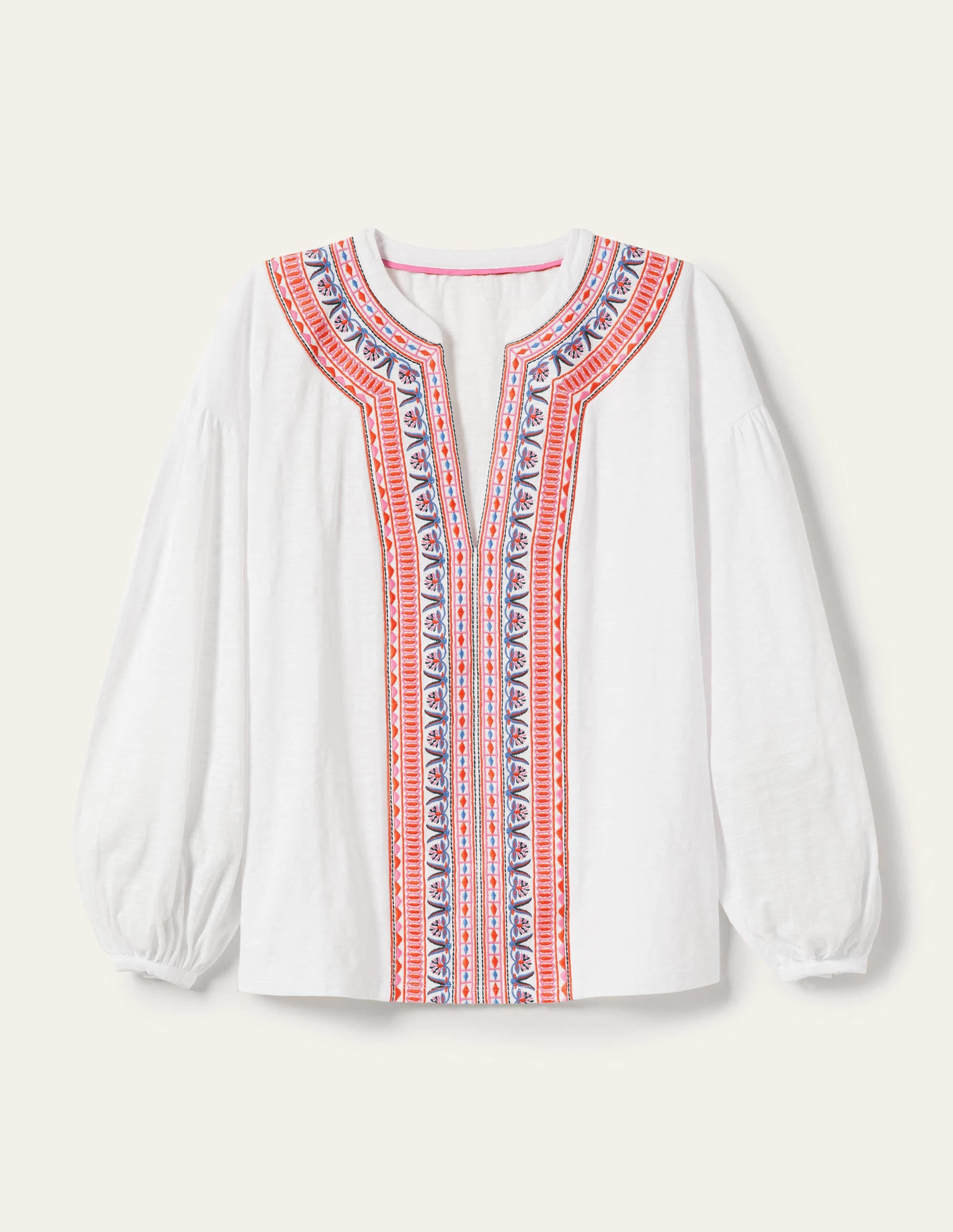 Embroidered Tie Detail Top-White, Multi Embroidery - Image 6