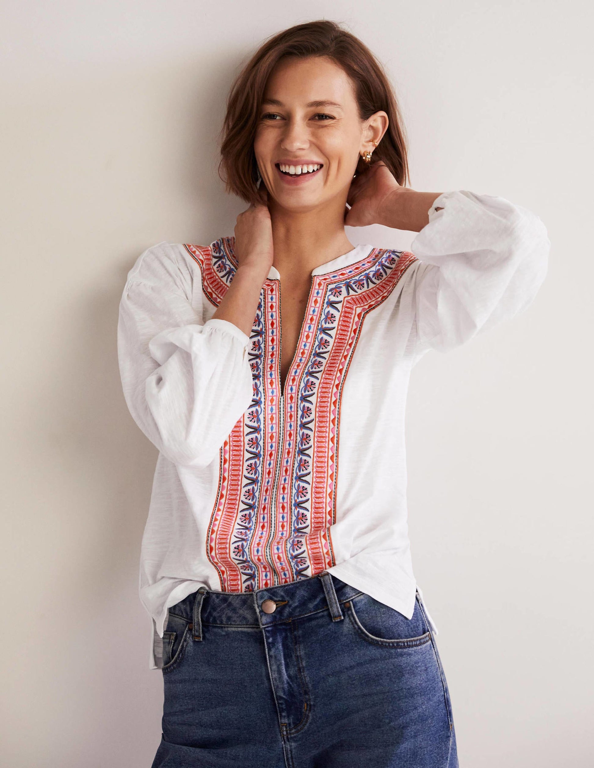 Embroidered Tie Detail Top-White, Multi Embroidery-1