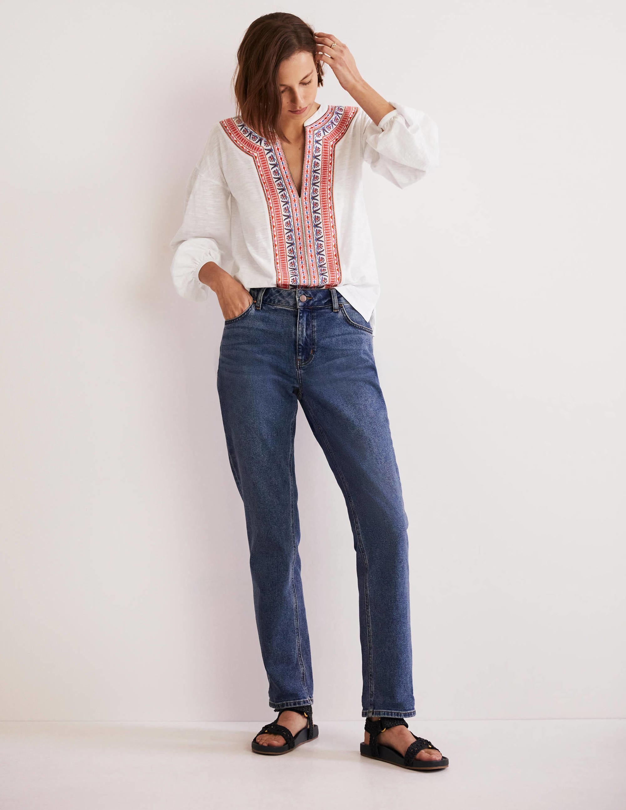 Embroidered Tie Detail Top-White, Multi Embroidery - Image 5