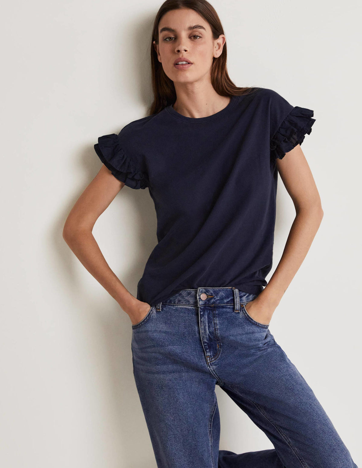 Woven Frill Sleeve T-shirt-Navy-1