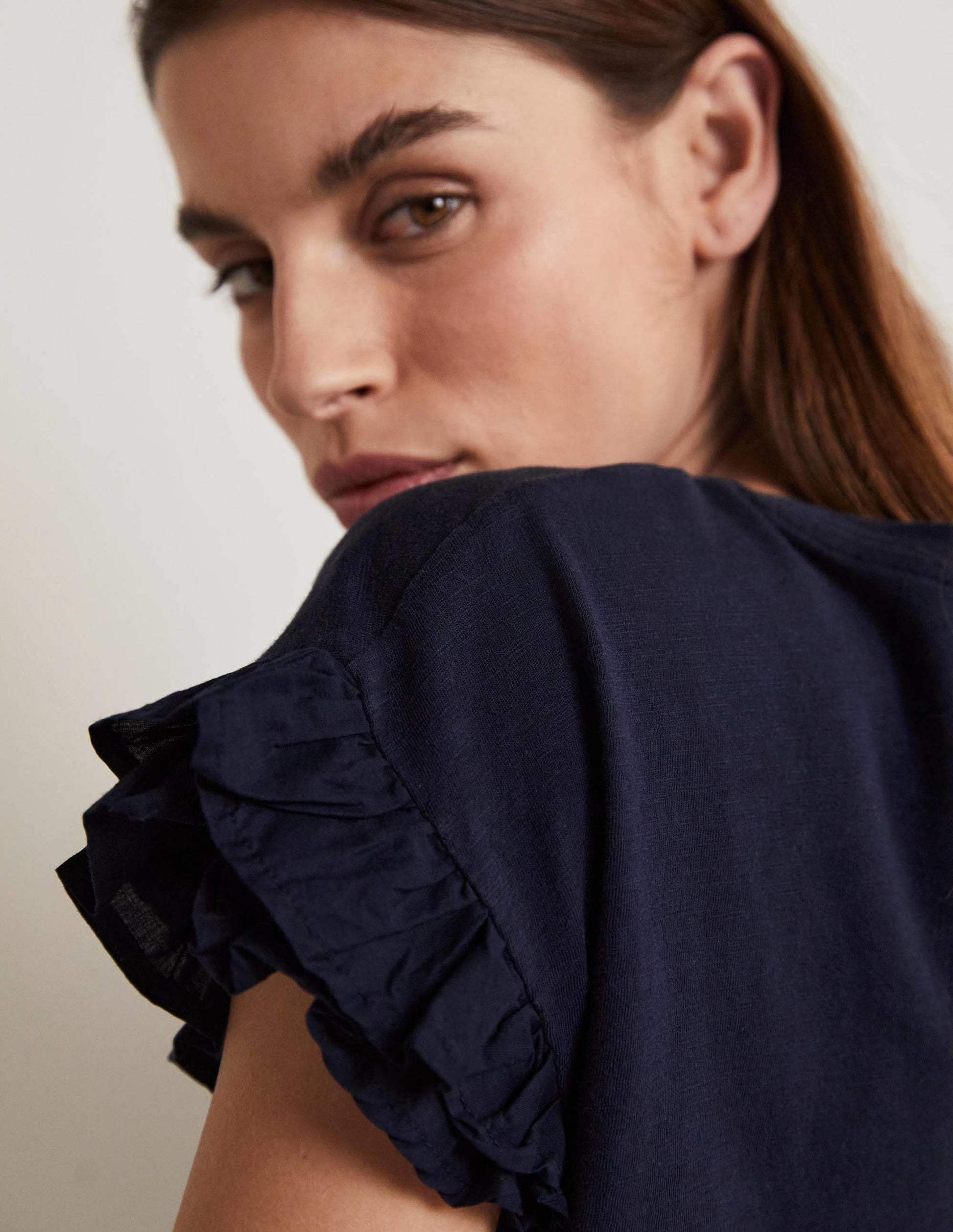 Woven Frill Sleeve T-shirt-Navy-2