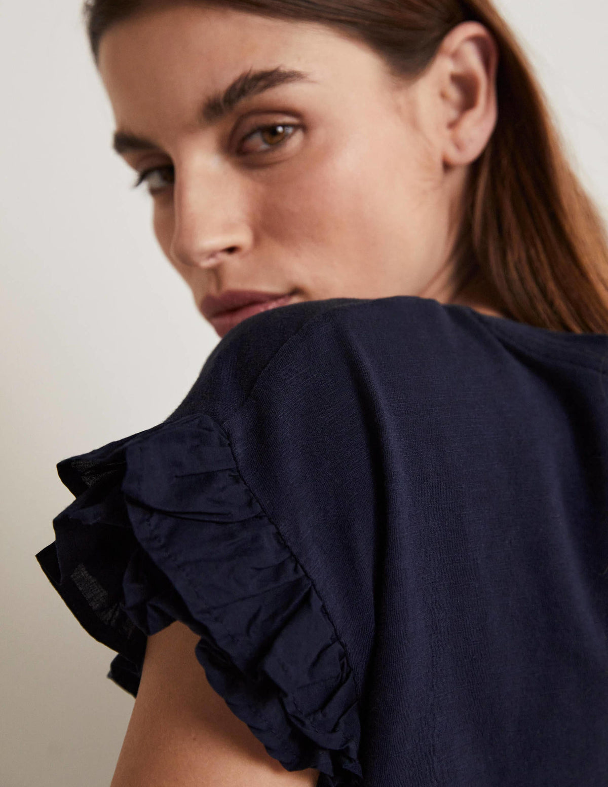 Woven Frill Sleeve T-shirt-Navy - Image 2