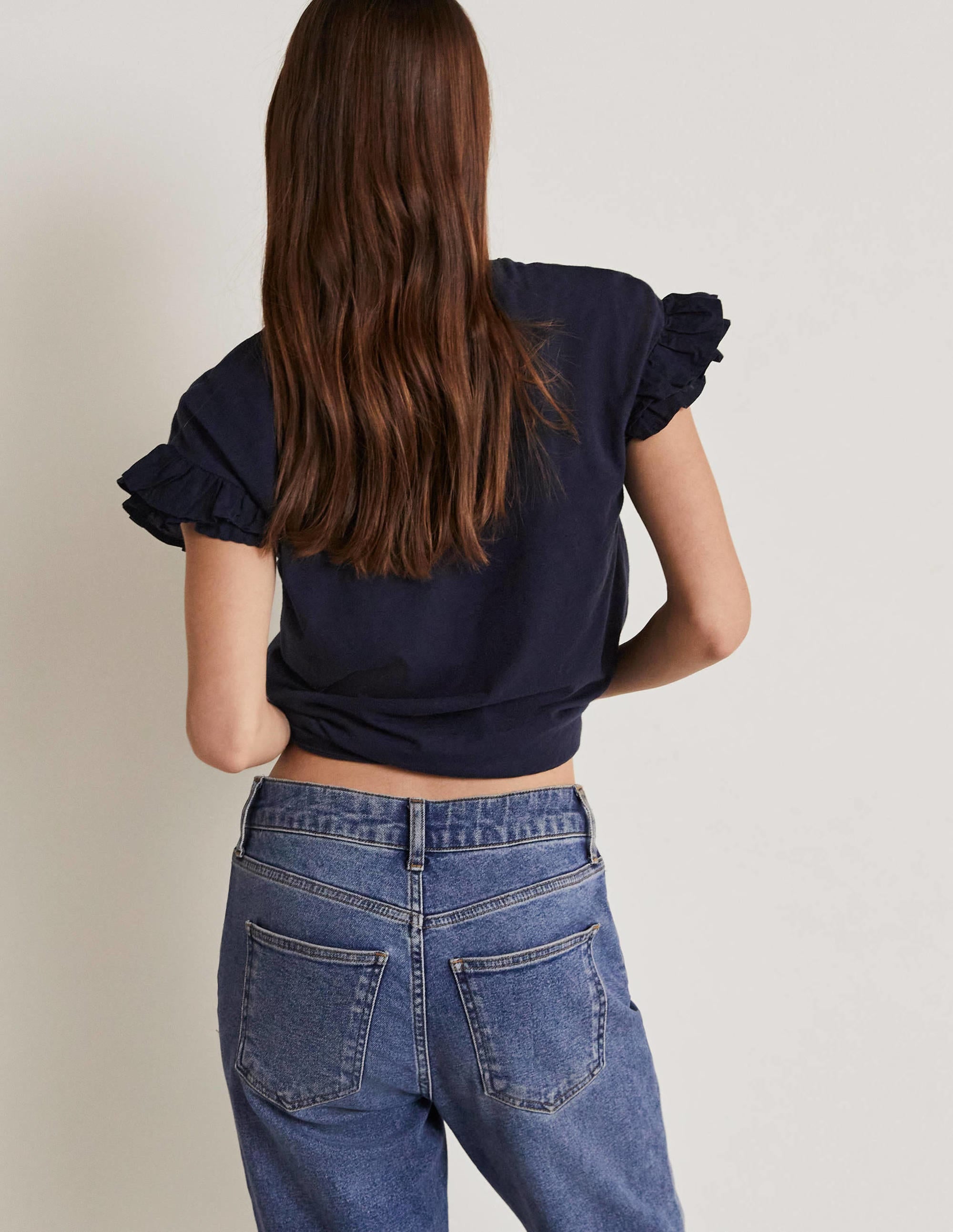 Woven Frill Sleeve T-shirt-Navy - Image 3
