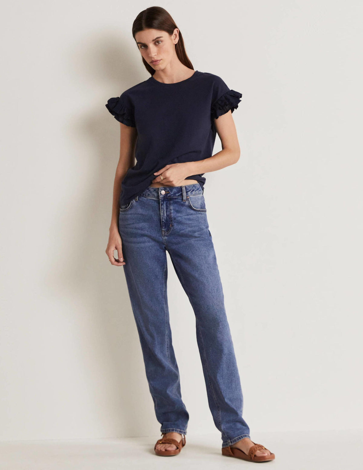 Woven Frill Sleeve T-shirt-Navy - Image 4