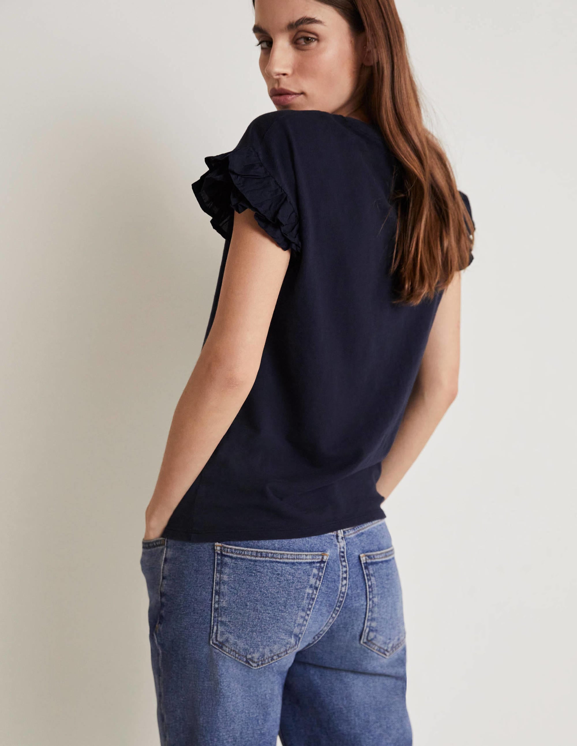 Woven Frill Sleeve T-shirt-Navy - Image 5