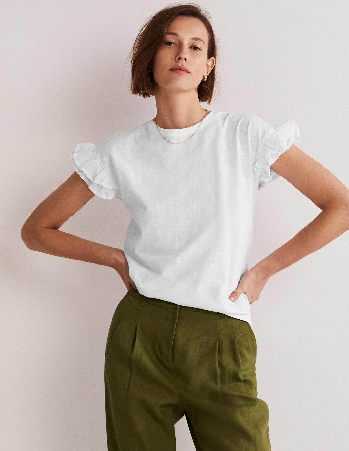 Woven Frill Sleeve T-shirt-White - Image 1