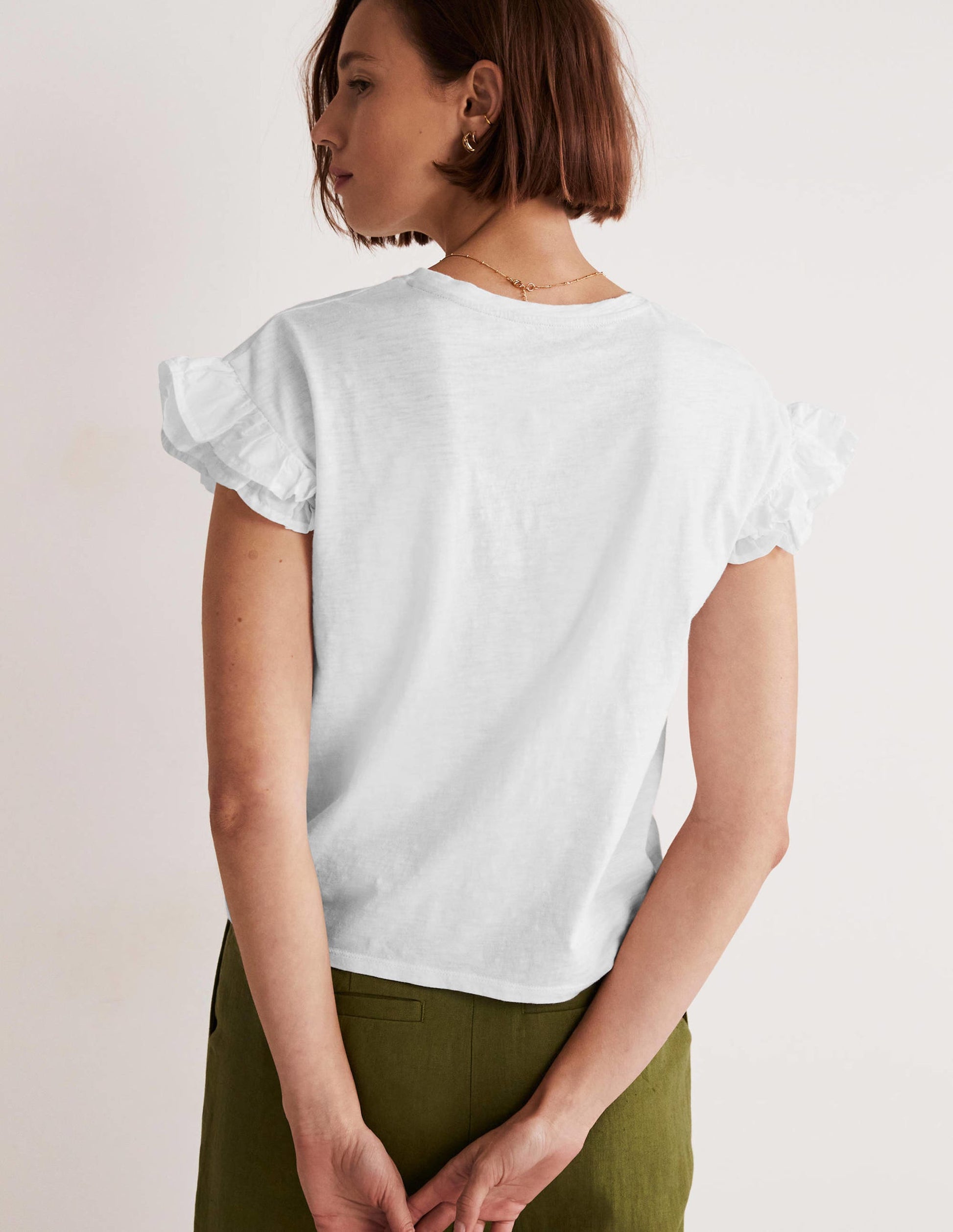 Woven Frill Sleeve T-shirt-White-3