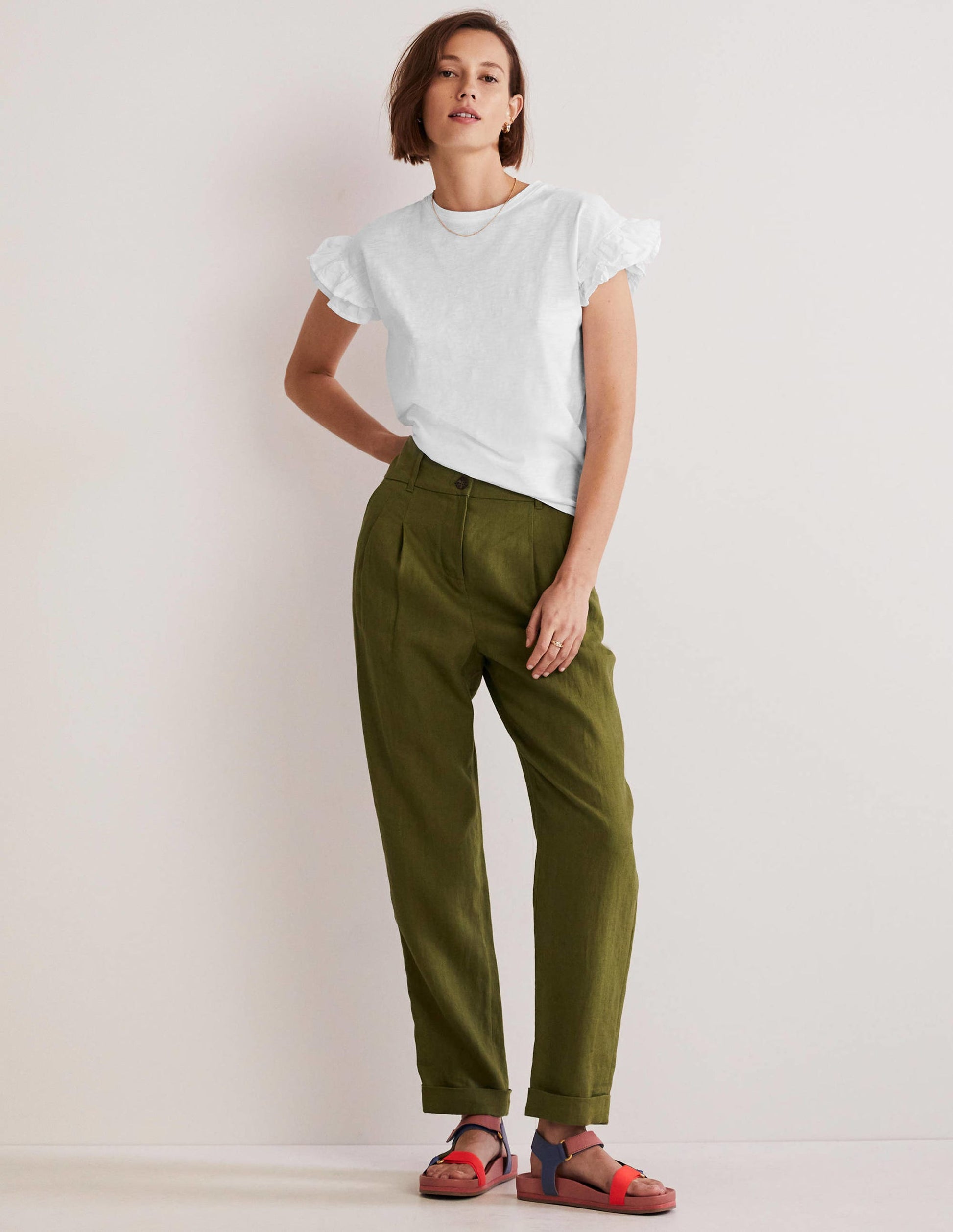 Woven Frill Sleeve T-shirt-White-4