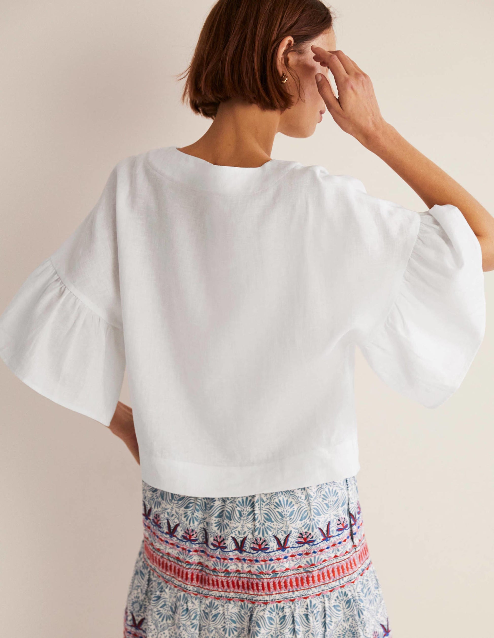 Frilly Full Sleeve Linen Top-White-4