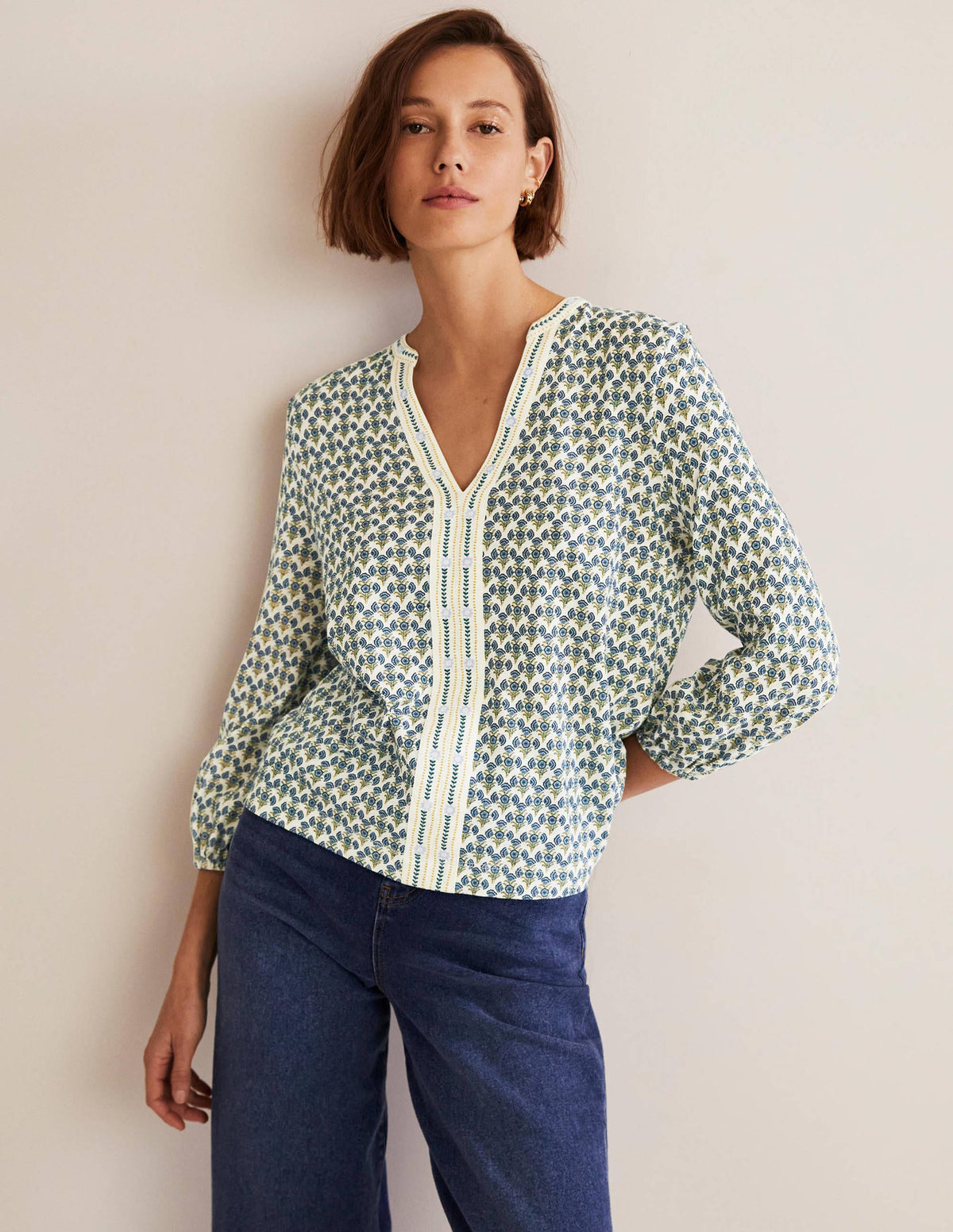 Printed Notch Neck Jersey Top-Chesapeake Bay, Poppy Geo - Image 1