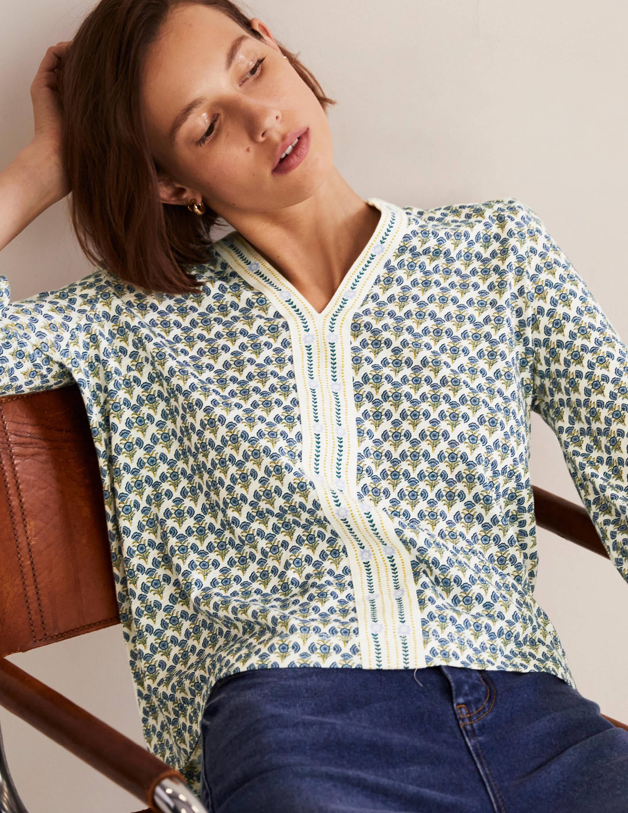 Printed Notch Neck Jersey Top-Chesapeake Bay, Poppy Geo - Image 4