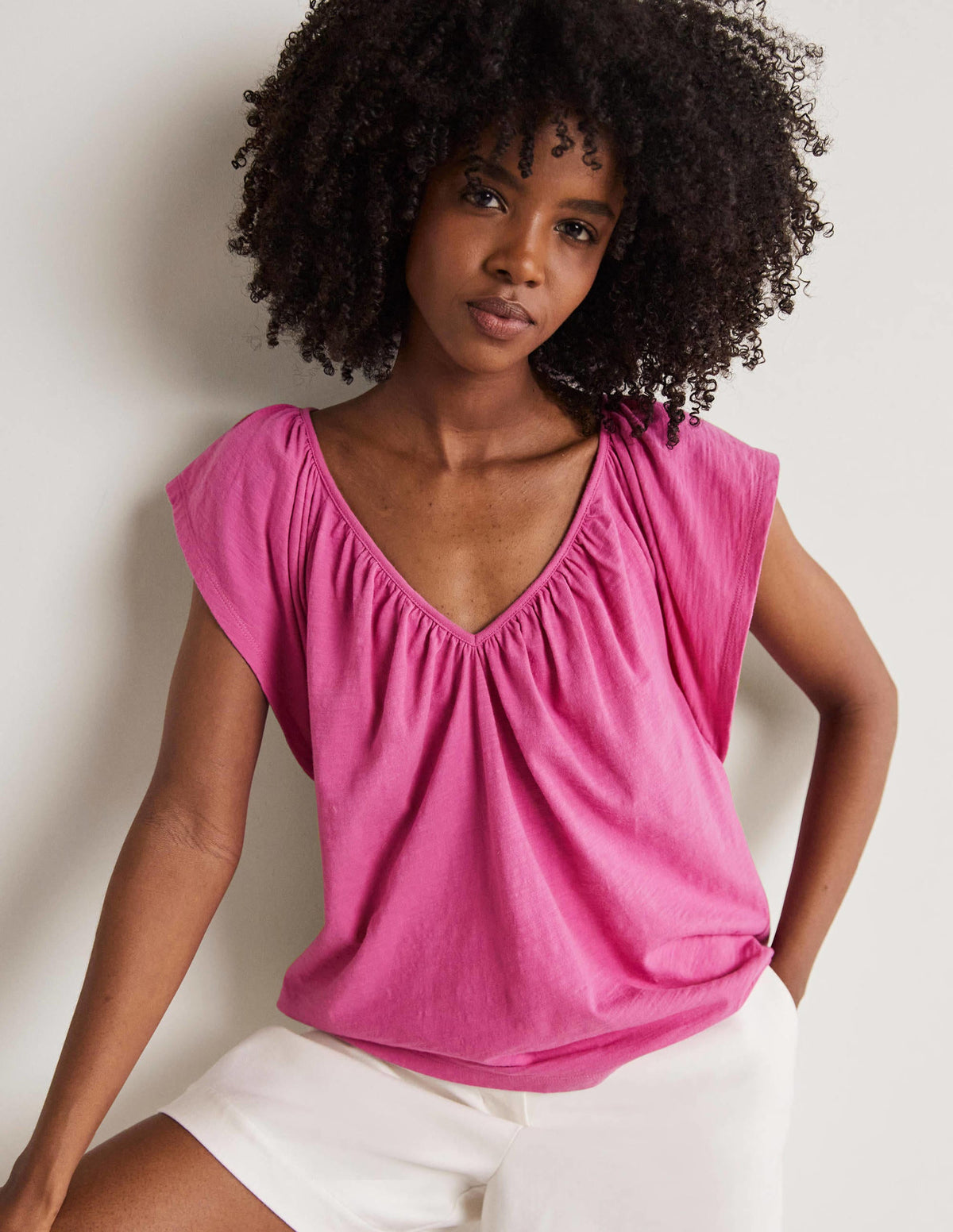 Flutter Sleeve V-neck T-shirt-Cosmos Pink - Image 1