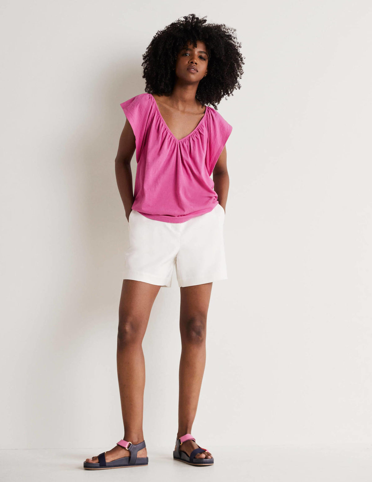 Flutter Sleeve V-neck T-shirt-Cosmos Pink-4
