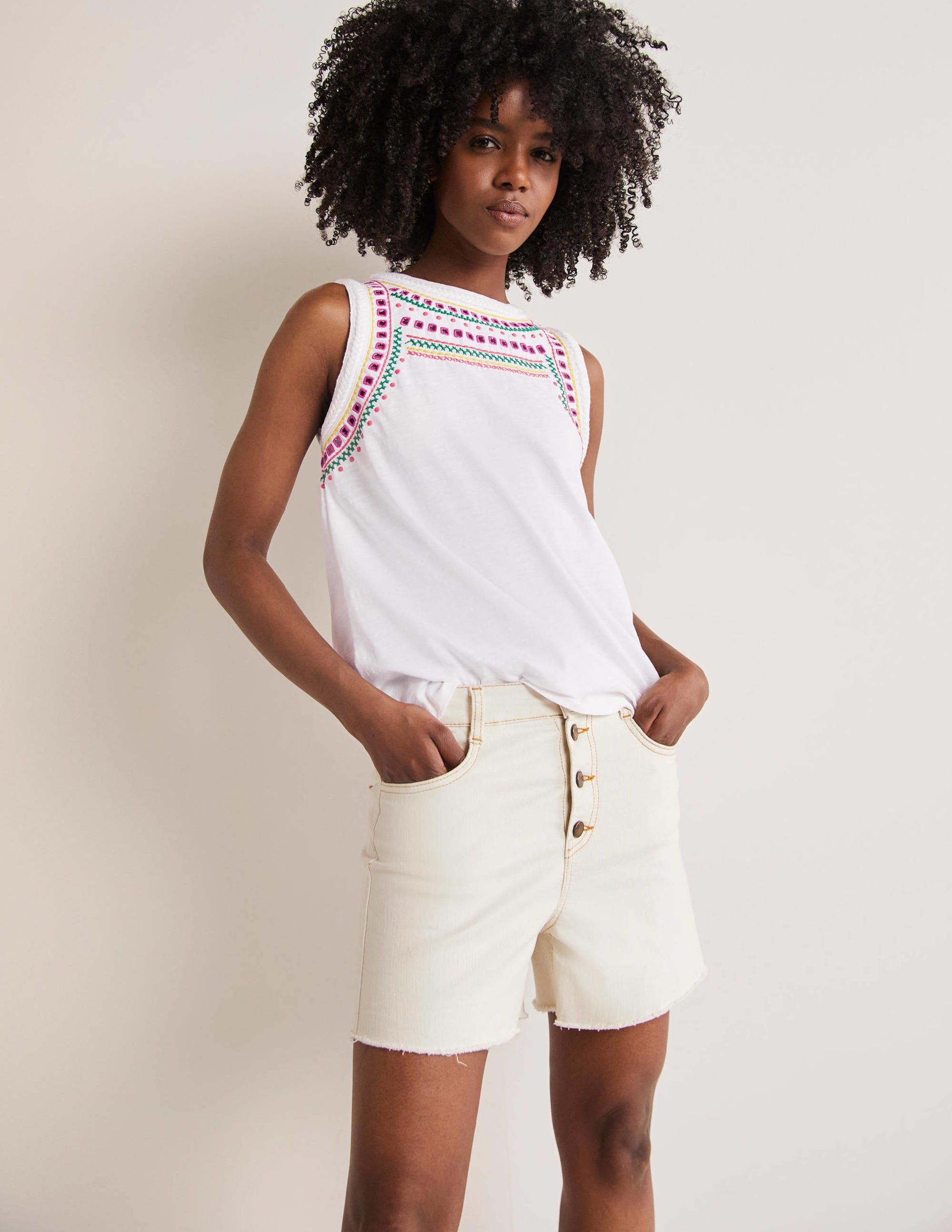 Stitch Detail Sleeveless Top-White, Multi Embroidery - Image 1