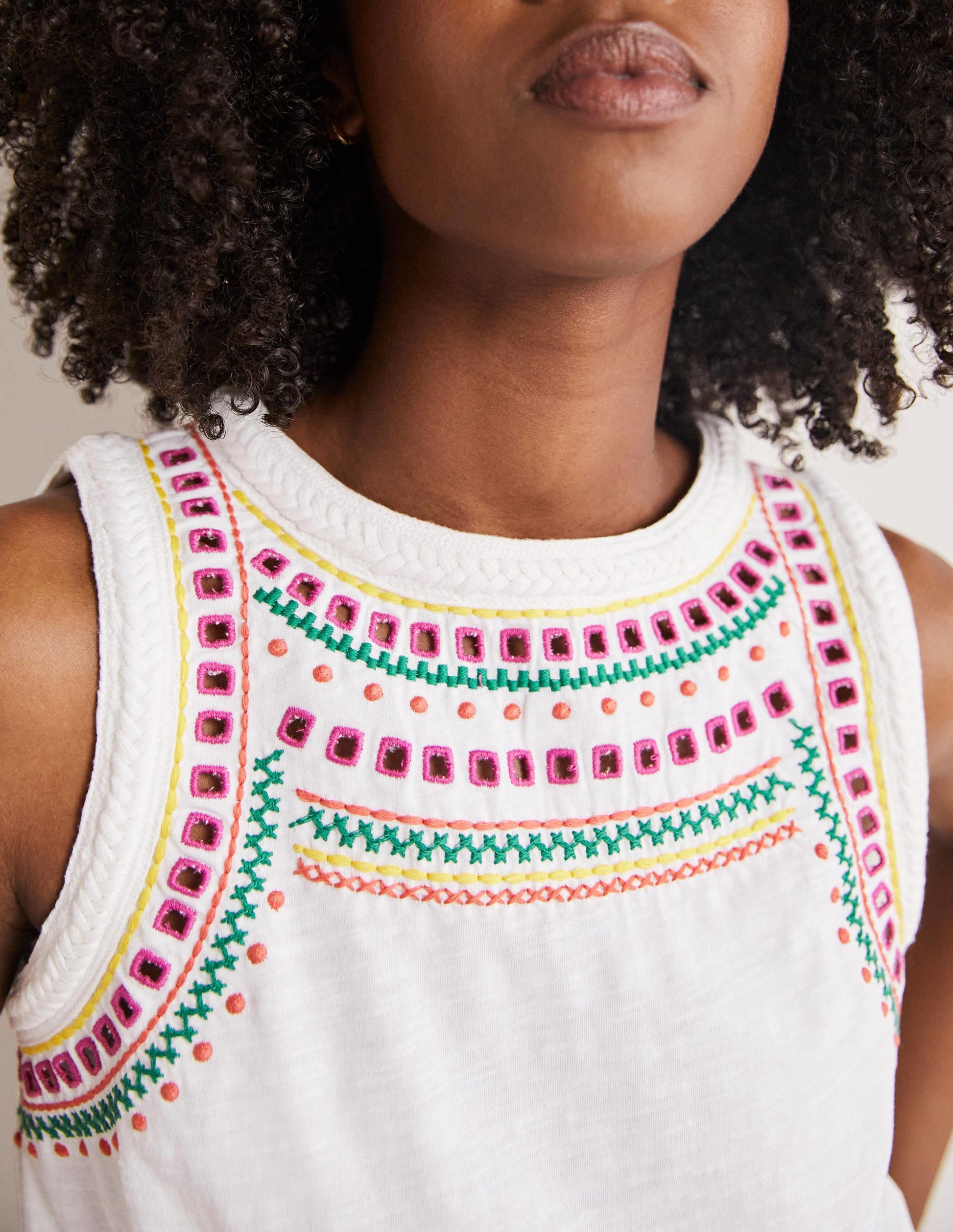 Stitch Detail Sleeveless Top-White, Multi Embroidery-2