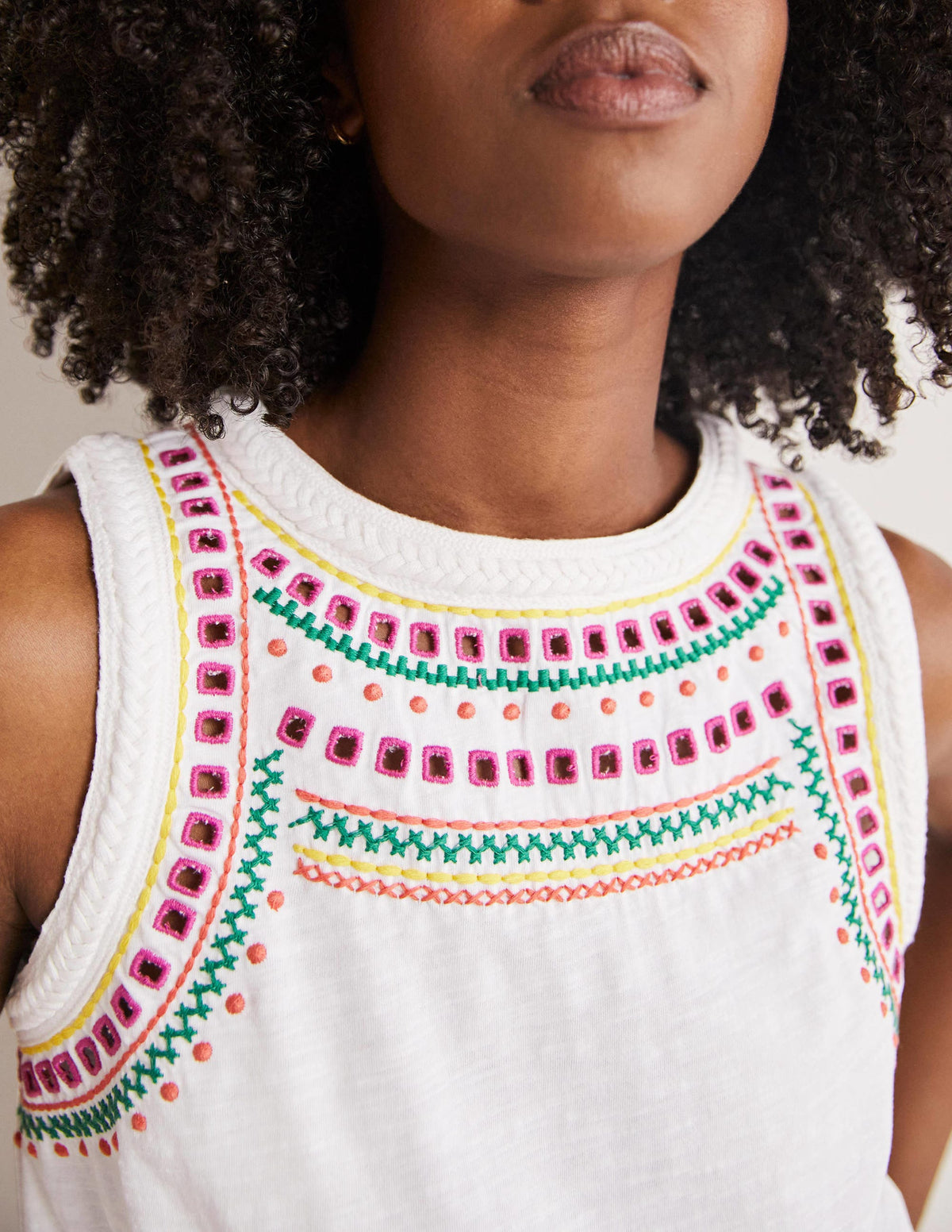 Stitch Detail Sleeveless Top-White, Multi Embroidery - Image 2