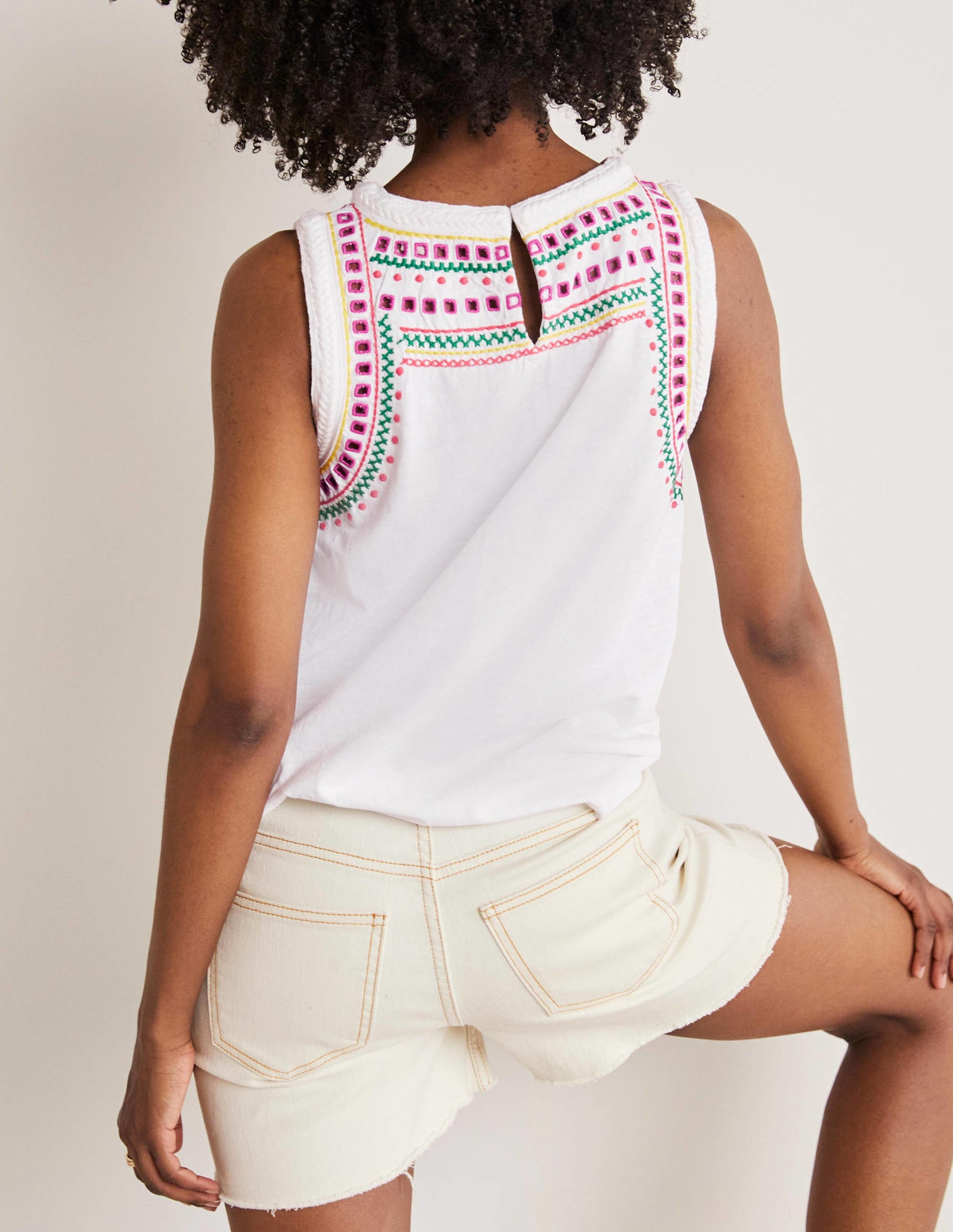 Stitch Detail Sleeveless Top-White, Multi Embroidery-3