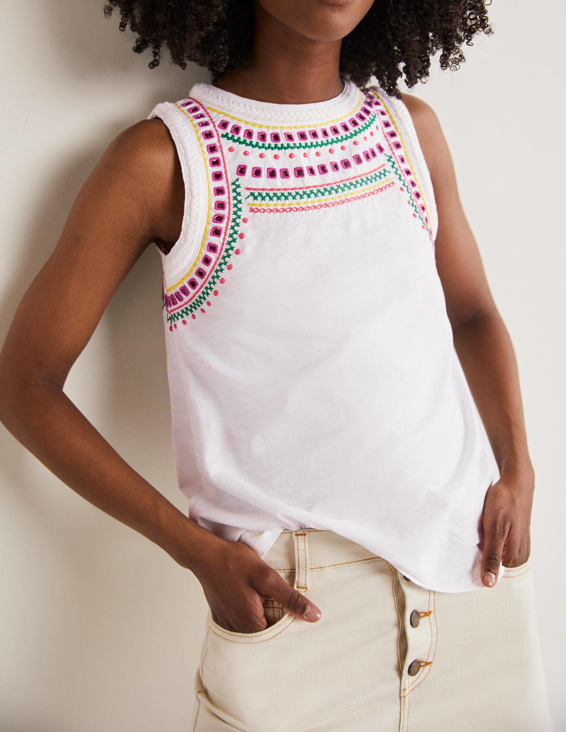 Stitch Detail Sleeveless Top-White, Multi Embroidery-4