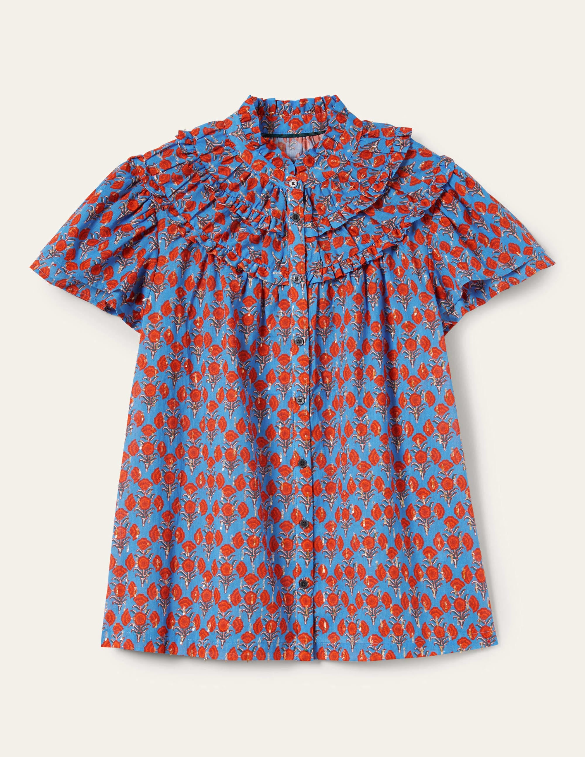 Metallic Ruched Detail Blouse-Mosaic Blue, Poppy Geo - Image 5