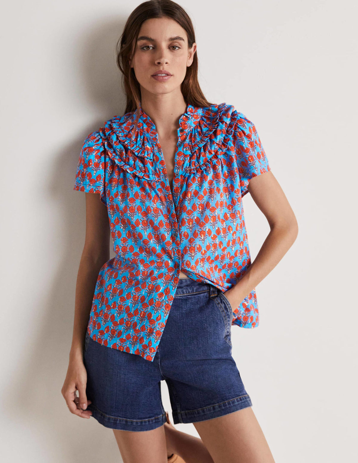 Metallic Ruched Detail Blouse-Mosaic Blue, Poppy Geo-1