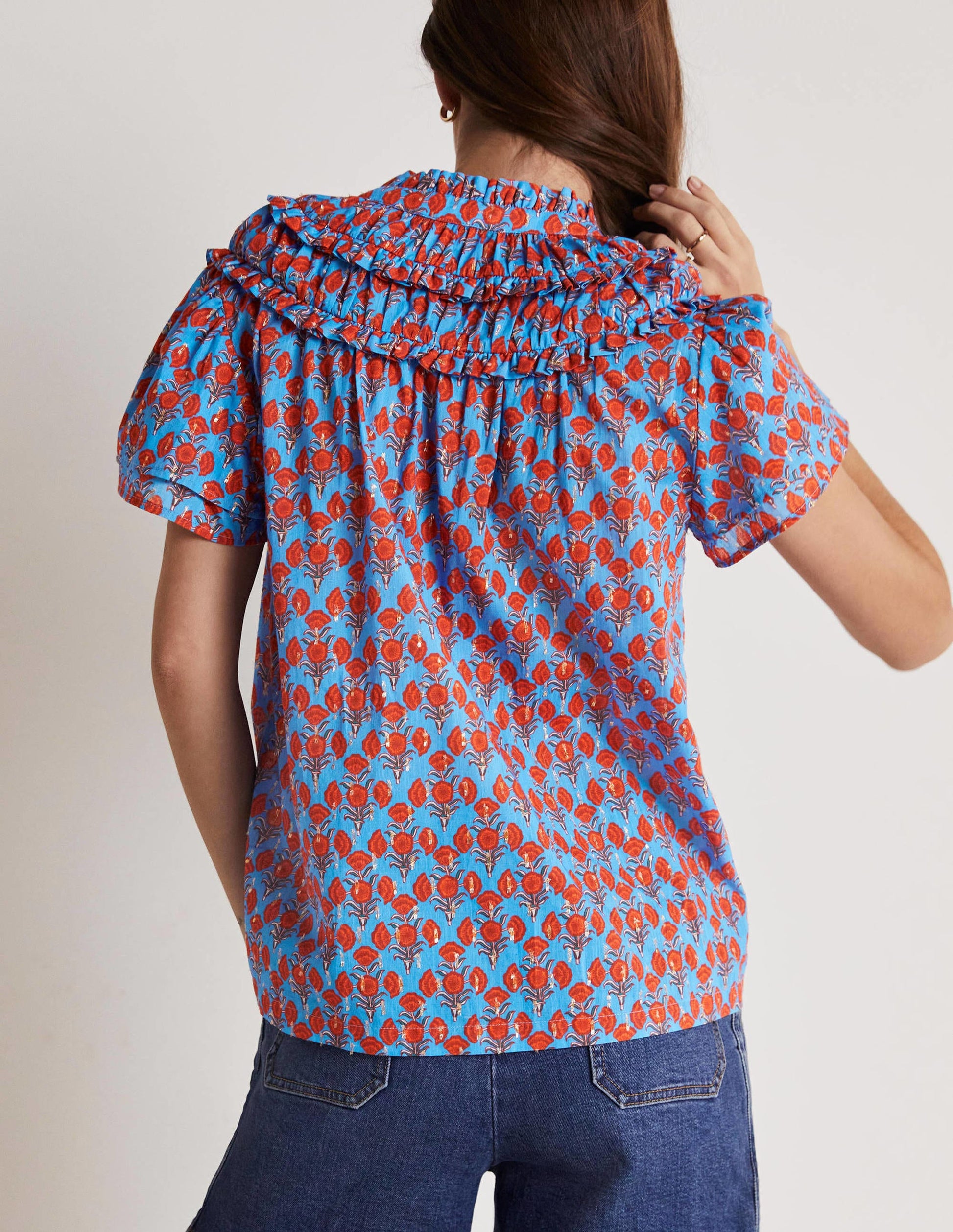 Metallic Ruched Detail Blouse-Mosaic Blue, Poppy Geo-3
