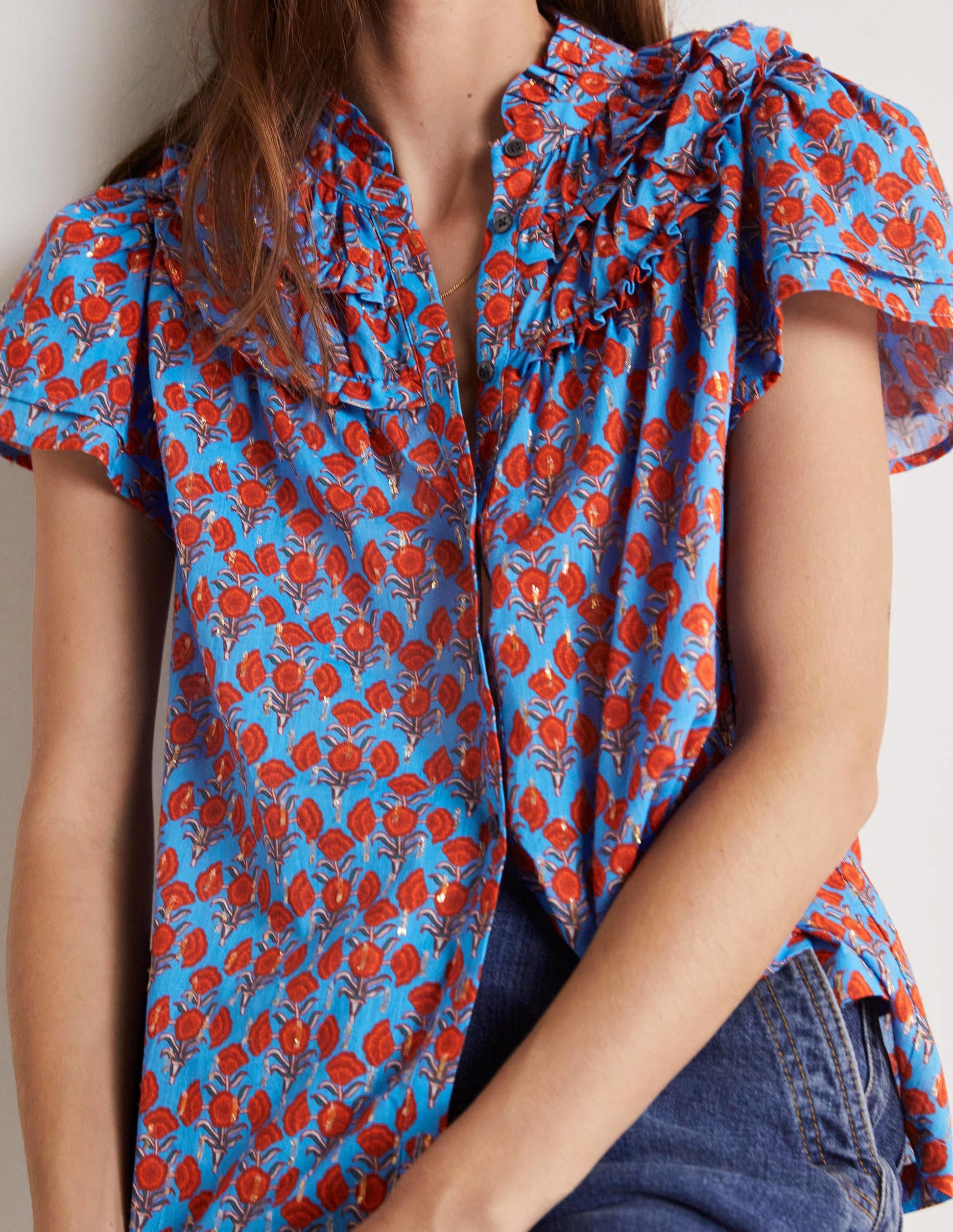 Metallic Ruched Detail Blouse-Mosaic Blue, Poppy Geo-4
