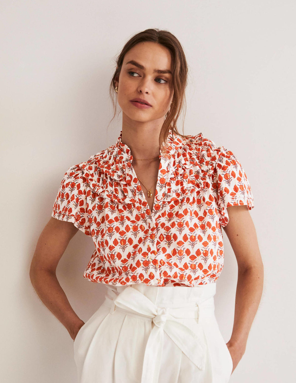 Metallic Ruched Detail Blouse-Chili Oil, Poppy Geo-1
