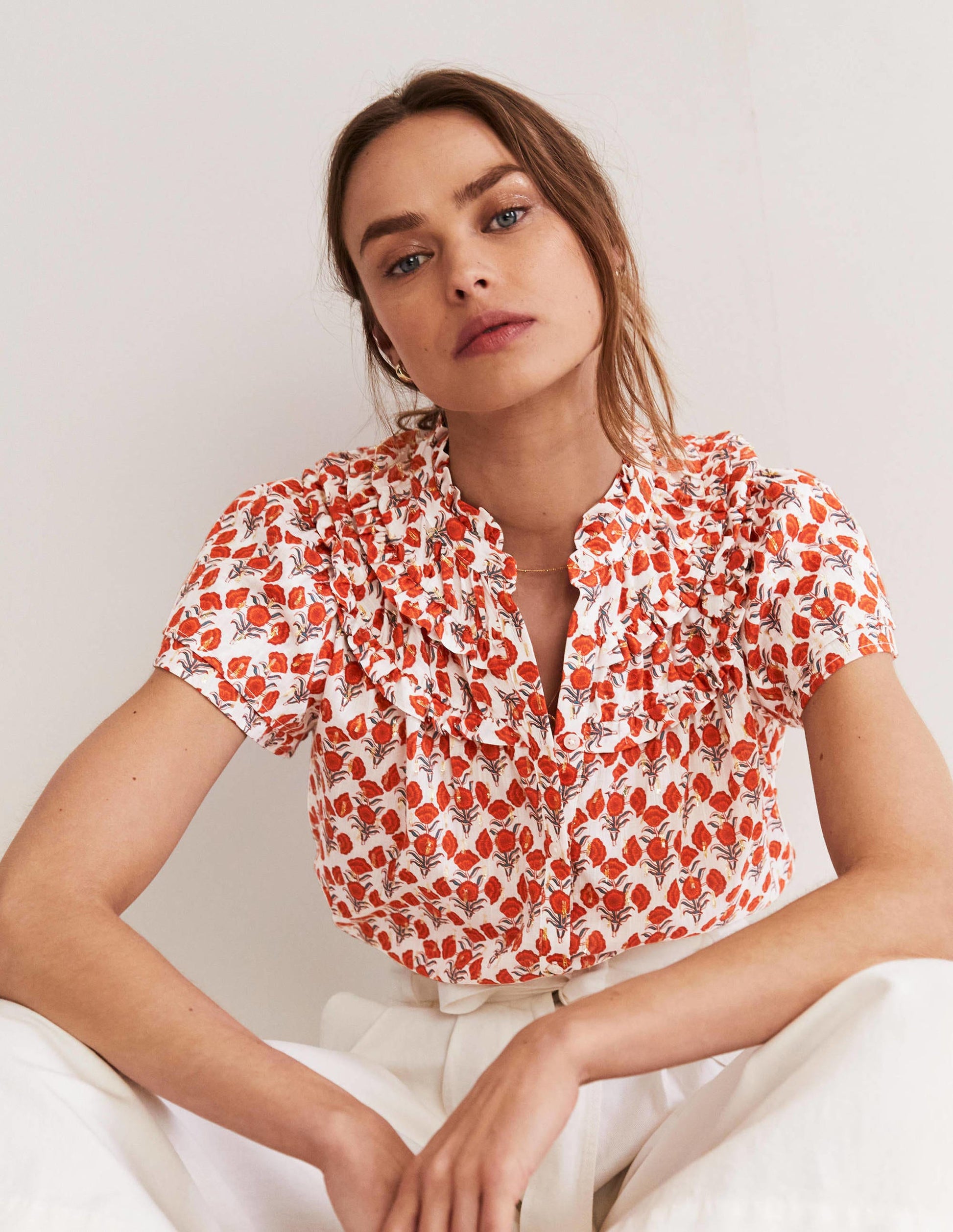 Metallic Ruched Detail Blouse-Chili Oil, Poppy Geo-3