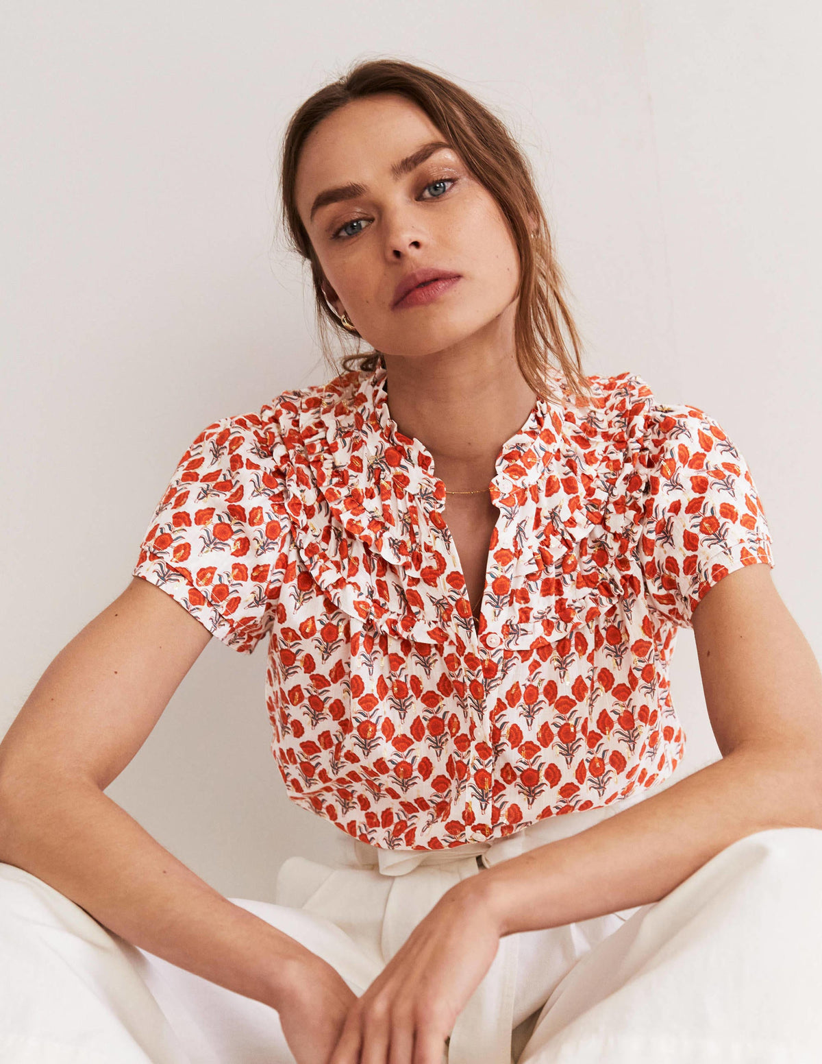 Metallic Ruched Detail Blouse-Chili Oil, Poppy Geo - Image 3