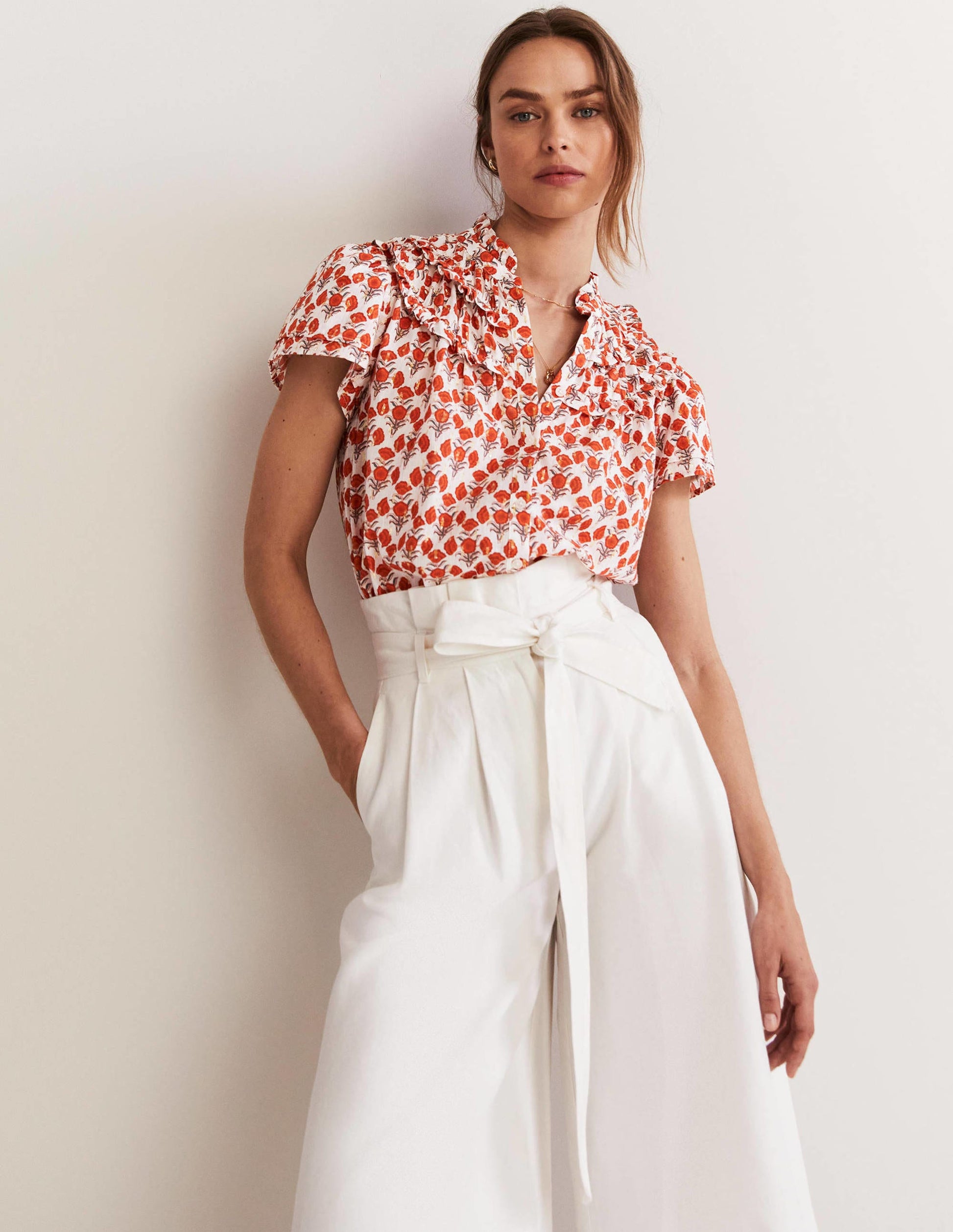 Metallic Ruched Detail Blouse-Chili Oil, Poppy Geo-4