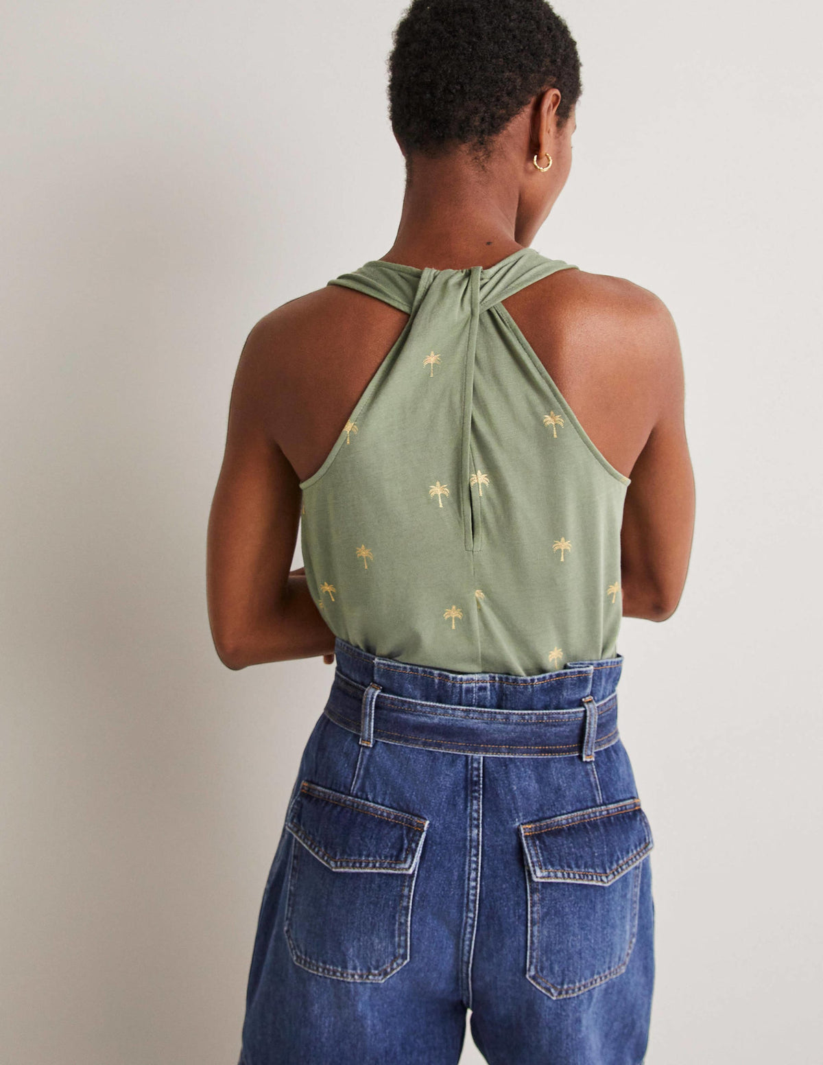 V-Neck Twist Back Jersey Top-Alder and Gold, Paradise Palm-5