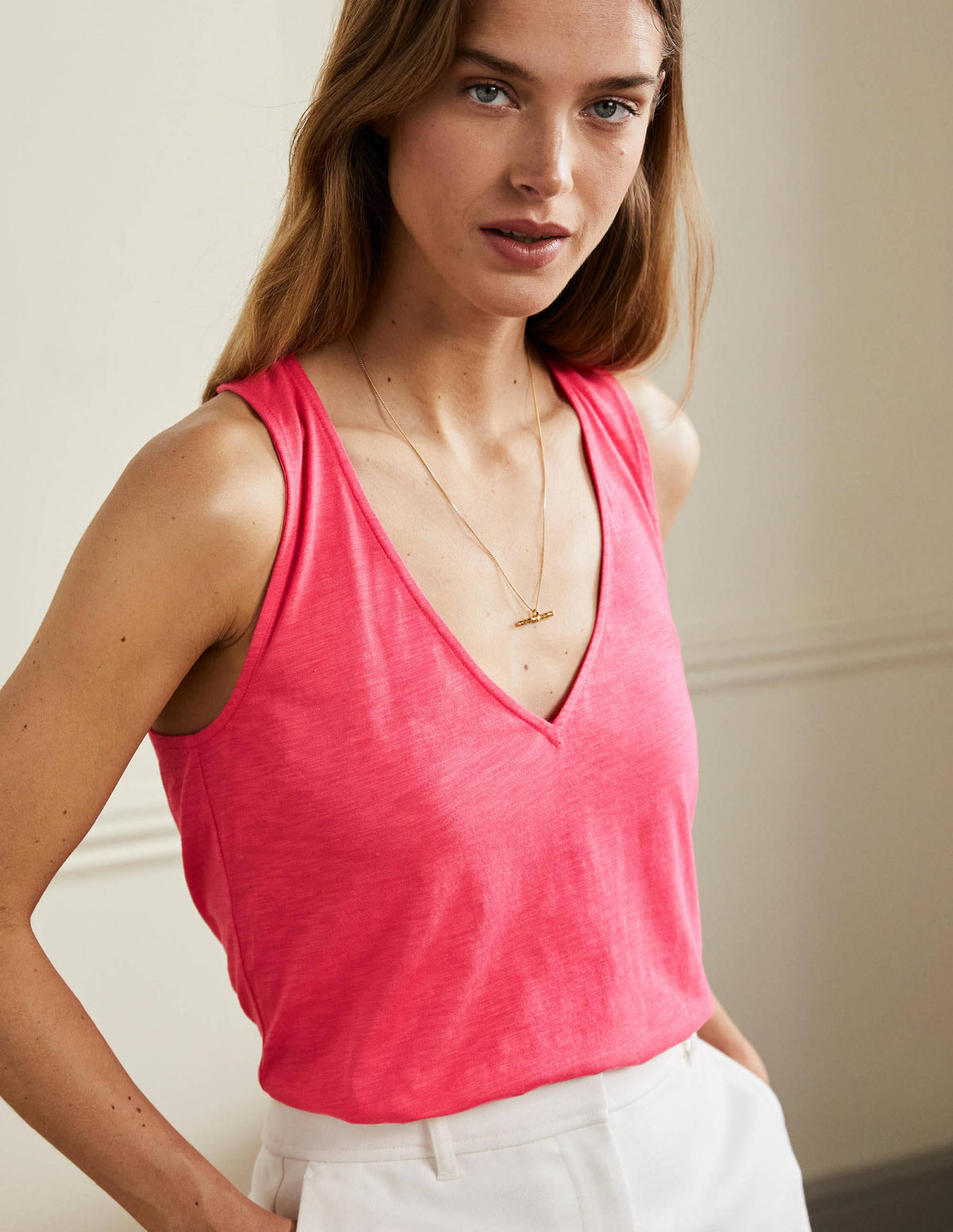 V-Neck Twist Back Jersey Top-Radish-1