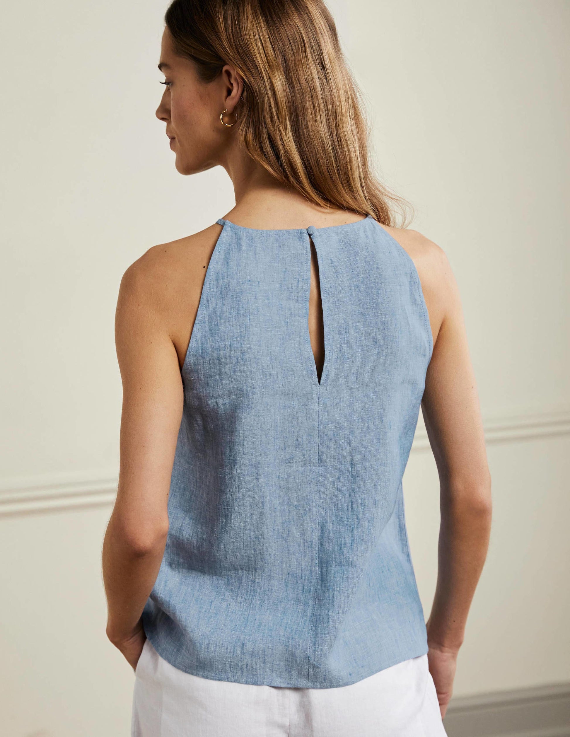 Strappy Halterneck Linen Top-Chambray-3