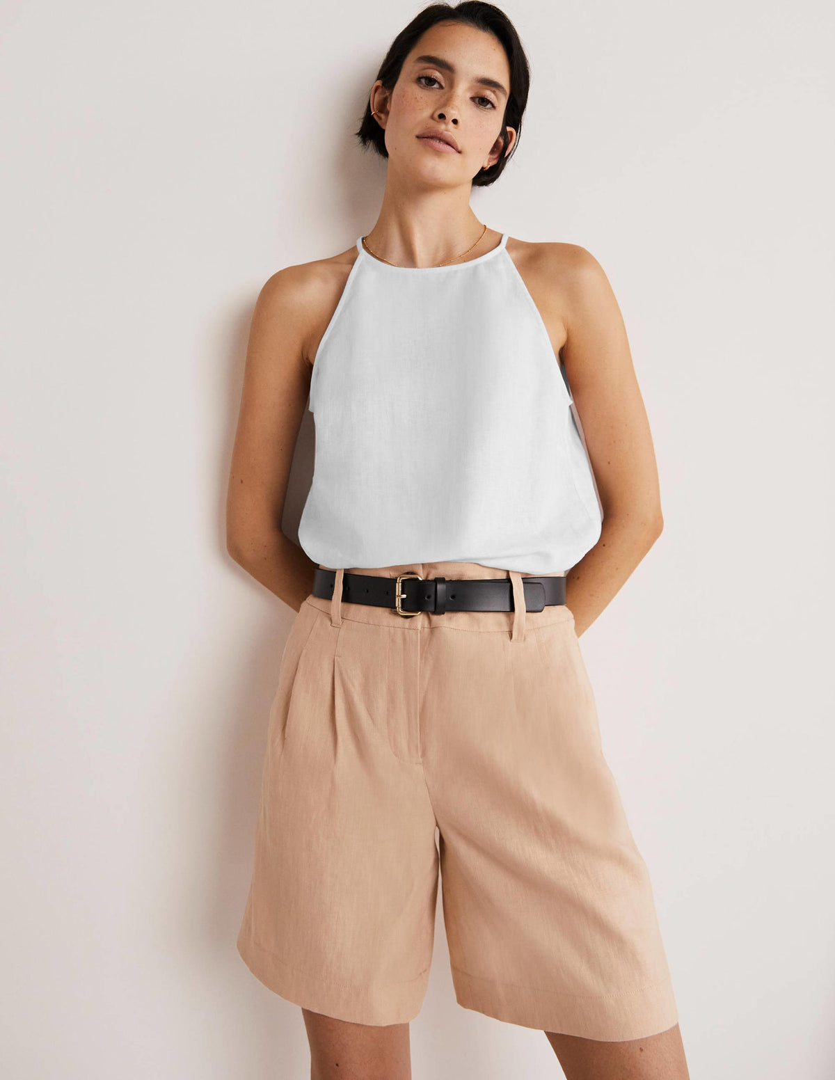 Strappy Halterneck Linen Top-White-1