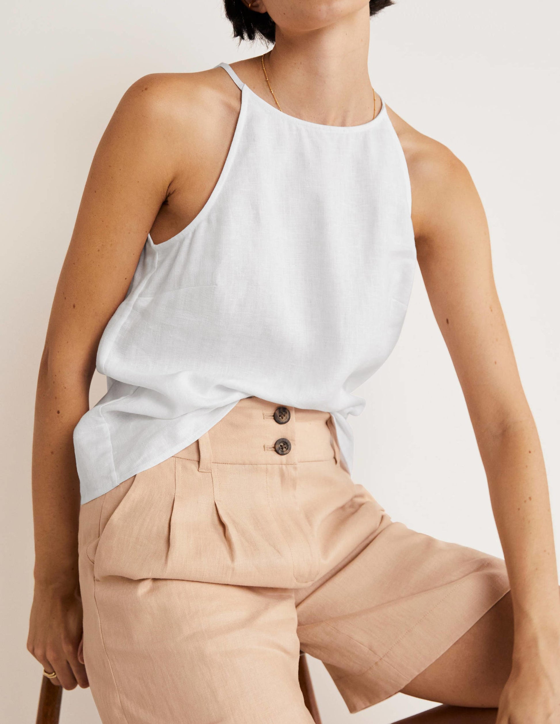 Strappy Halterneck Linen Top-White-5
